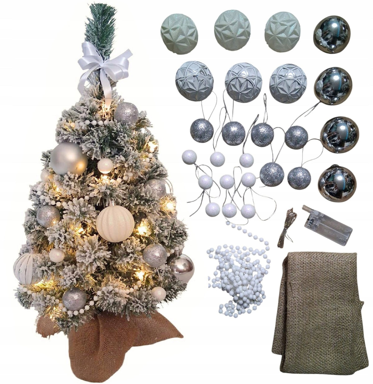 Christmas tree snow-covered small artificial 60cm silver + ornaments, baubles, LED Manufacturer code Choinka 60 cm - wzór 10 (588)