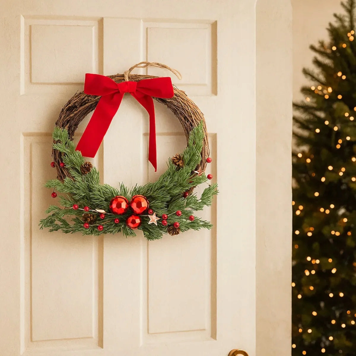 Christmas wicker door wreath with red bow Altom Design 30 cm Packaging status original