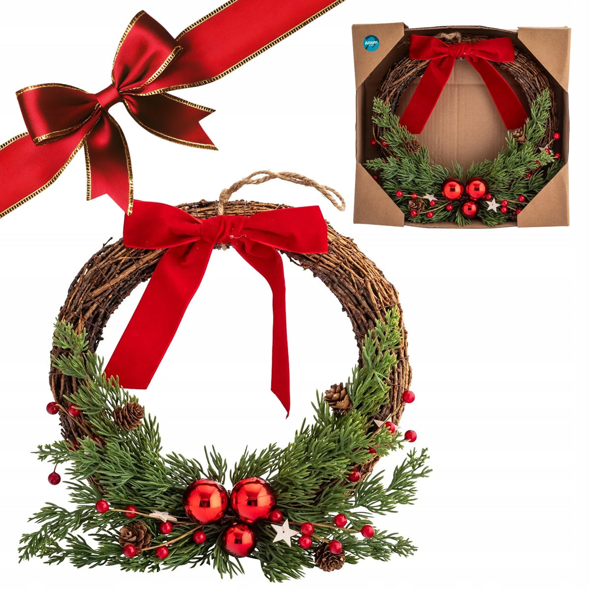 Christmas wicker door wreath with red bow Altom Design 30 cm