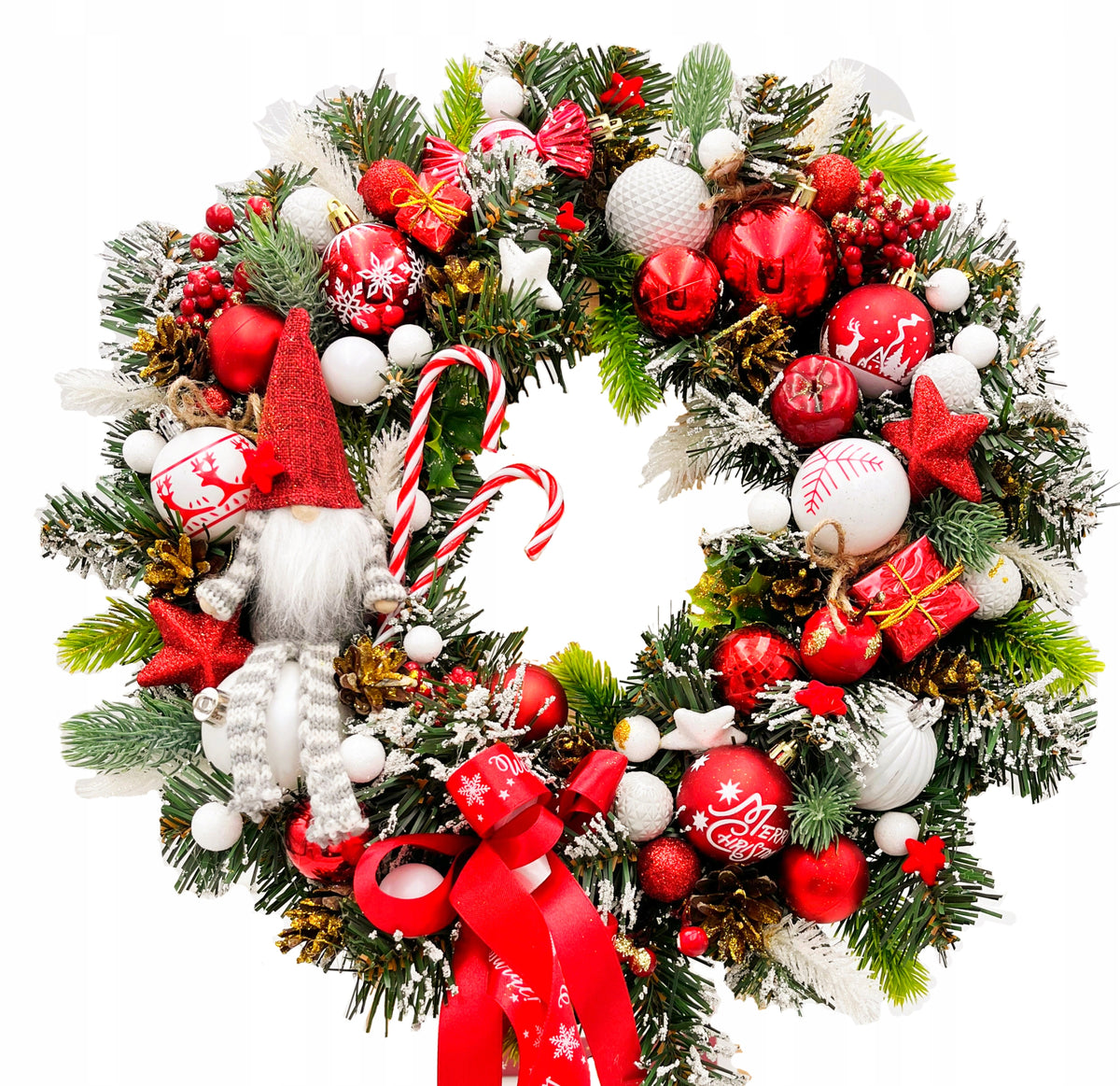 Christmas wreath 45cm white and red with LED Christmas gnome