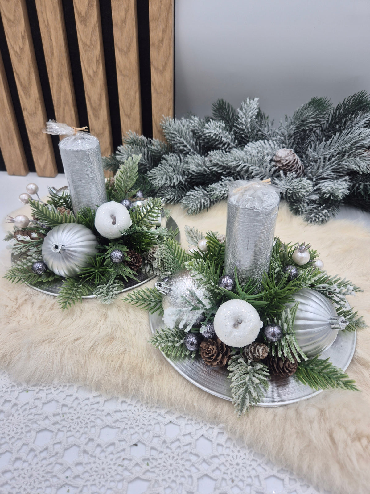 Christmas wreath composition with candle silver