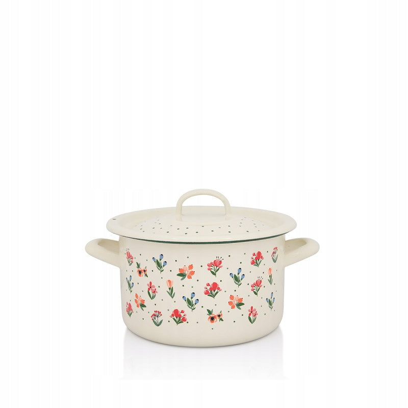 Classic enamel pot with lid 18 cm, 3 l, light cream, Flowers
