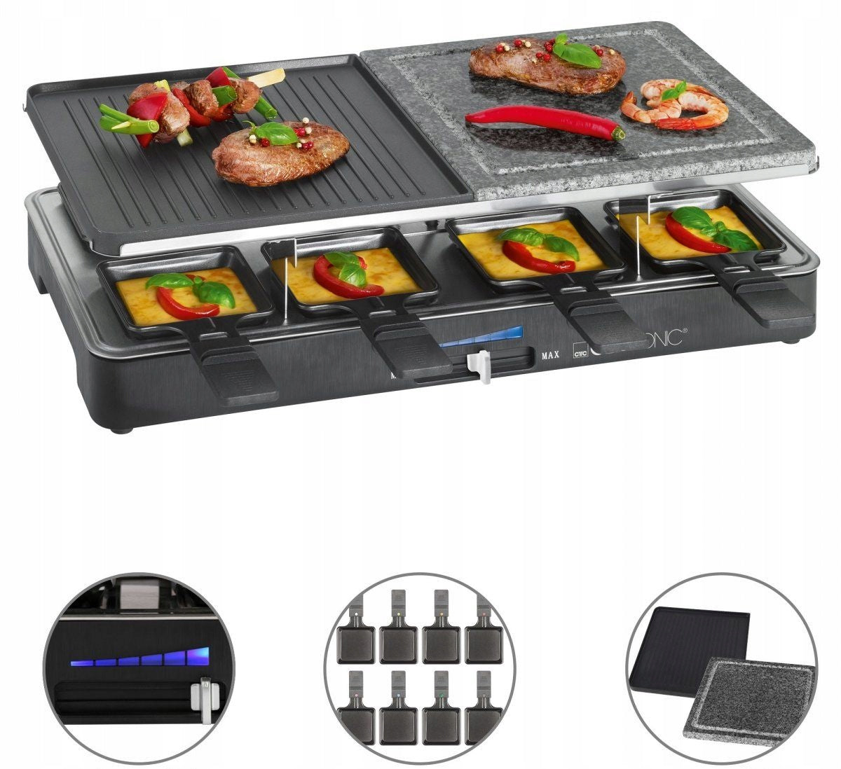 Clatronic RG 3518 ELECTRIC GRILL Raclette 8 person stone + pans Brand Bomann