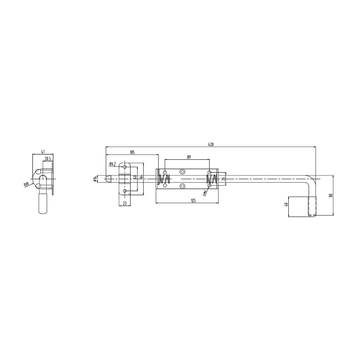 Closure deadbolt for gate or wicket ZINC 420 mm with spring 42 cm Manufacturer code 64.067