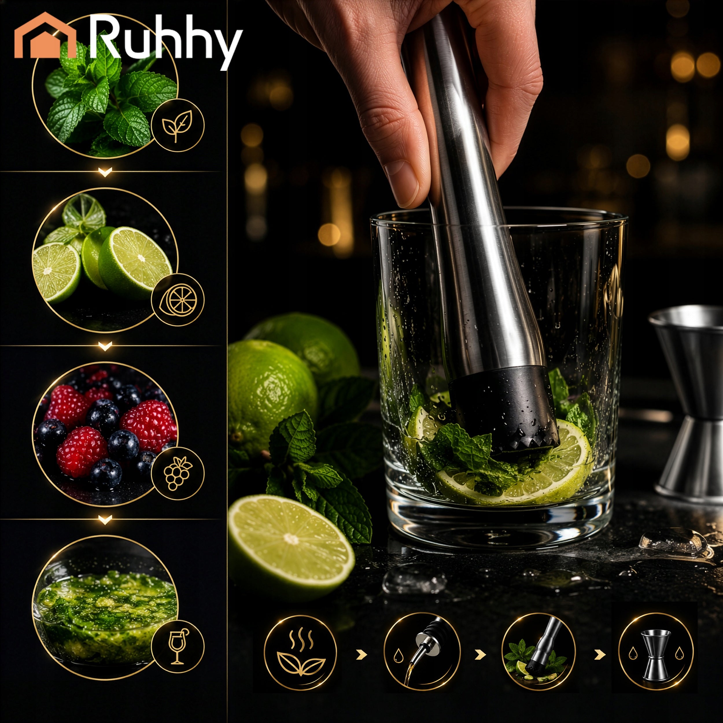 Cocktail Drink Bartending Set Large Shaker Complete 6in1 for Gift Manufacturer code Zestaw barmański do drinków Ruhhy 21508