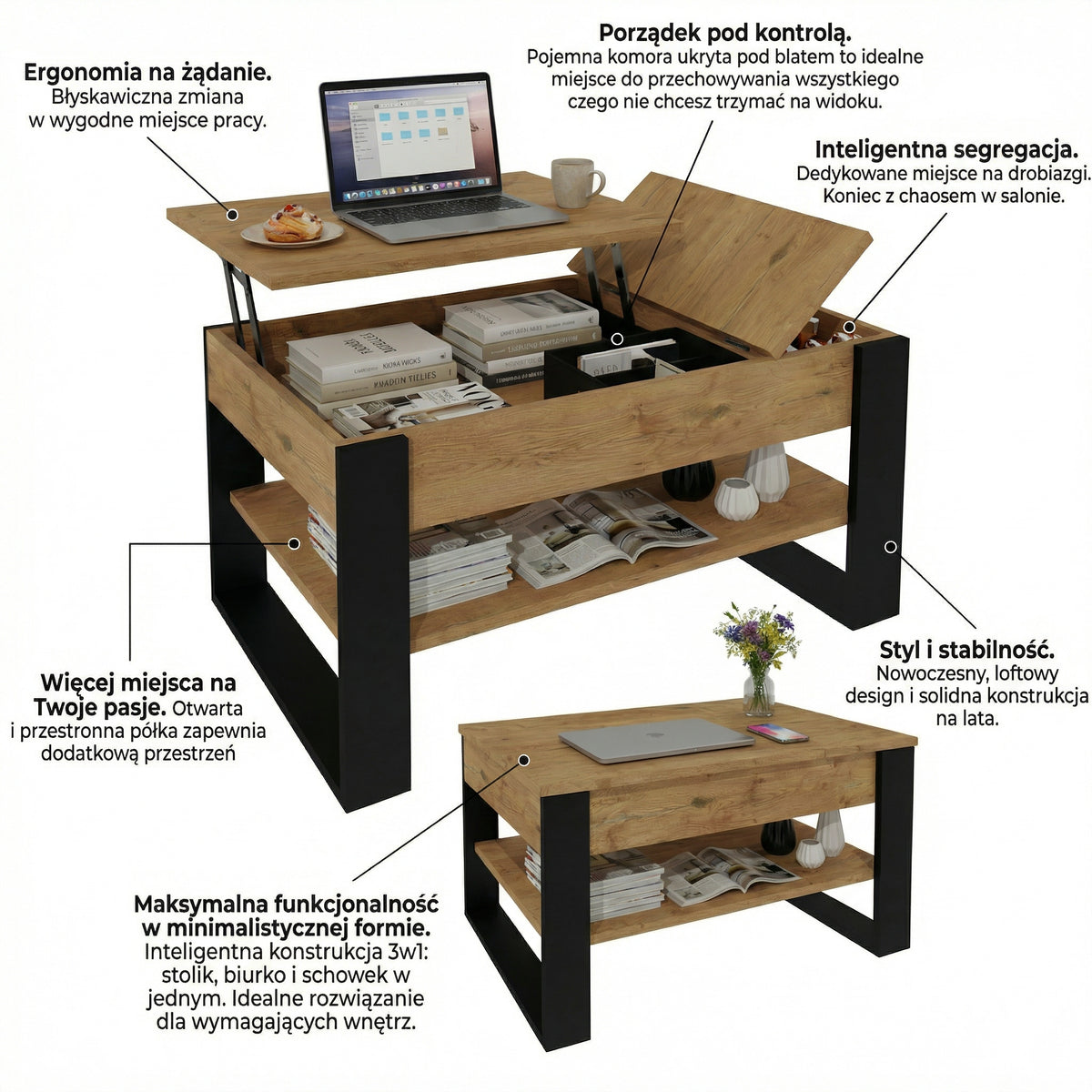 Coffee Table Folding Raised Top 92cm Storage Oak Lancelot 92x54x45 Manufacturer code T-BOX92_LANCELOT_CZARNE