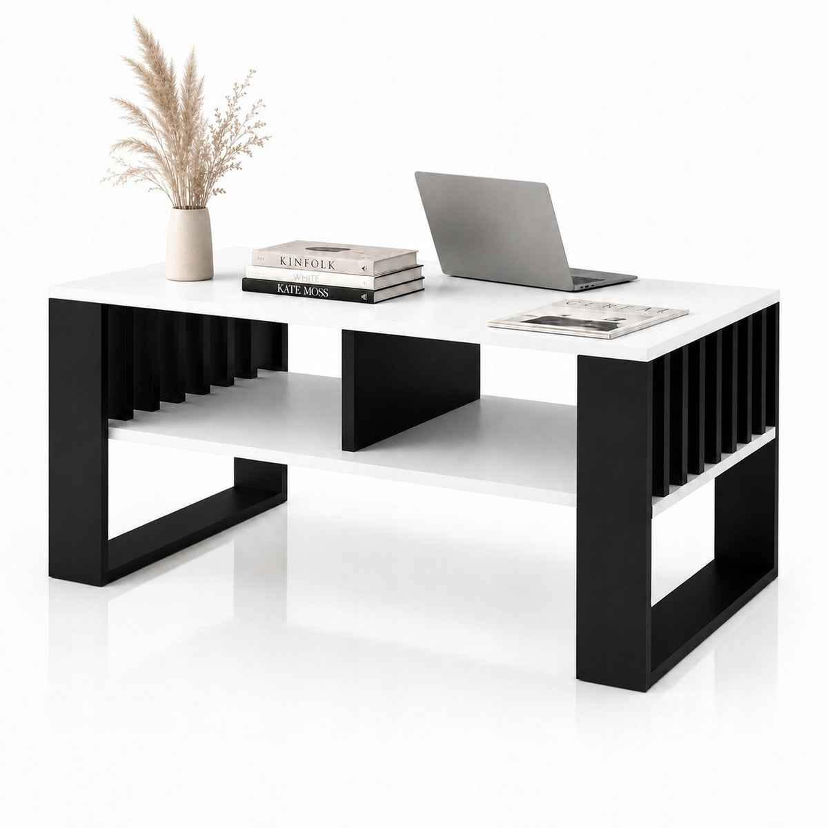 Coffee Table White| Lamele ST14BIA Bench White/Black Loft Table with Shelf 90 cm