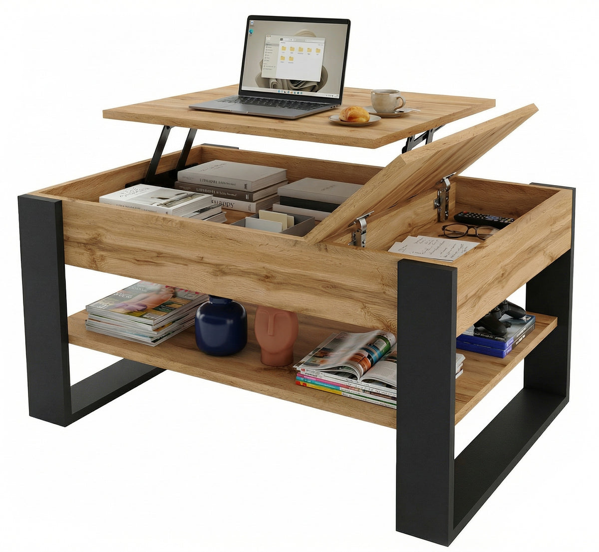 Coffee bench raised 92 cm T-BOX storage compartments Oak Wotan black