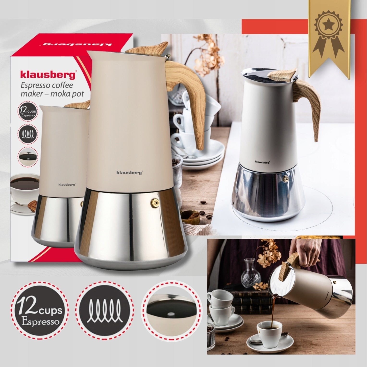 Coffee maker Klausberg KB-7997 12 espresso Moka Induction Gas Premium Steel Brand Klausberg