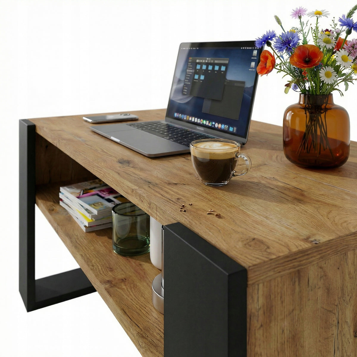Coffee table bench KARO 92 cm with shelf Oak Lancelot/Black loft 92x53,6x45 Packaging status original