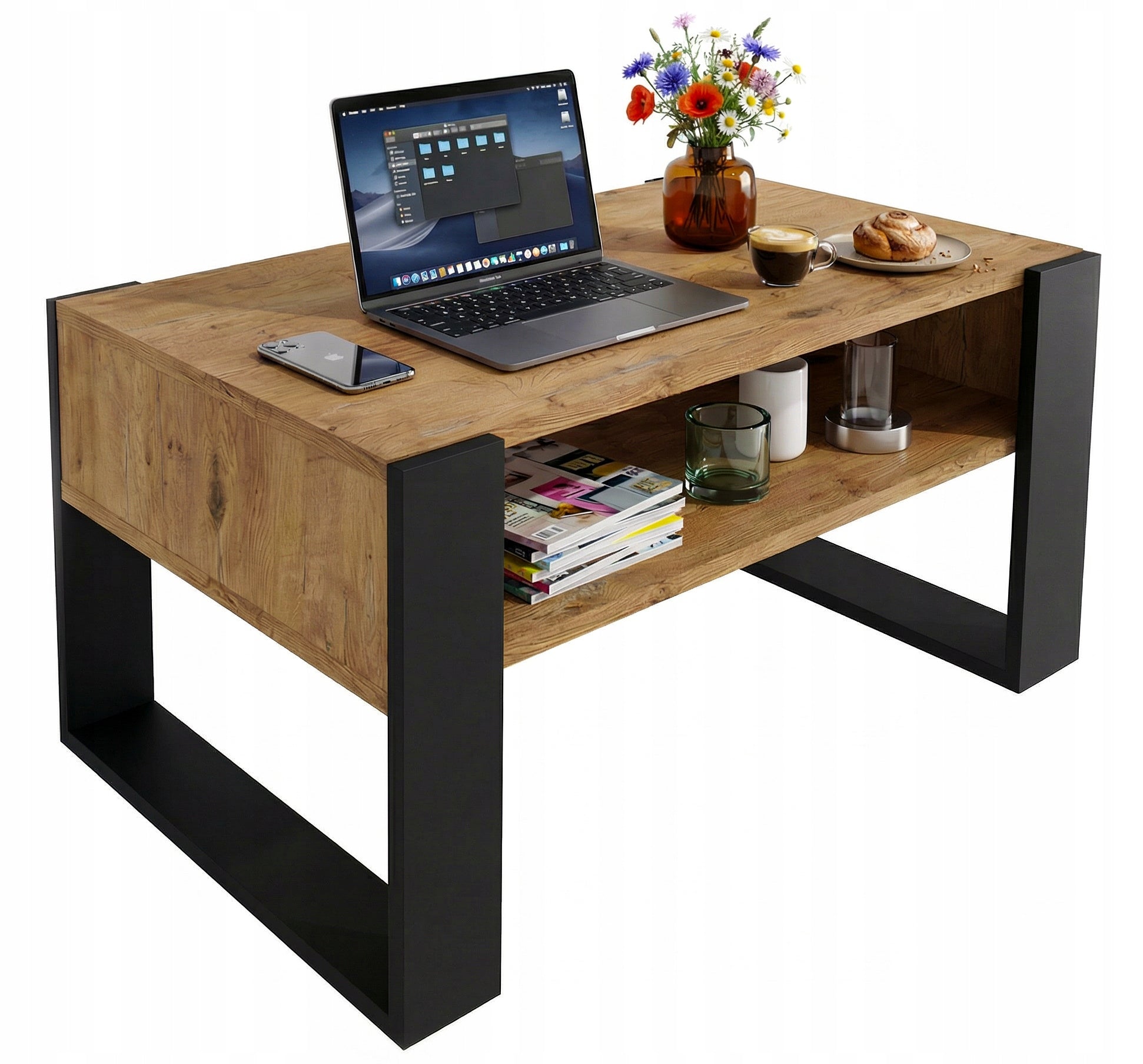 Coffee table bench KARO 92 cm with shelf Oak Lancelot/Black loft 92x53,6x45