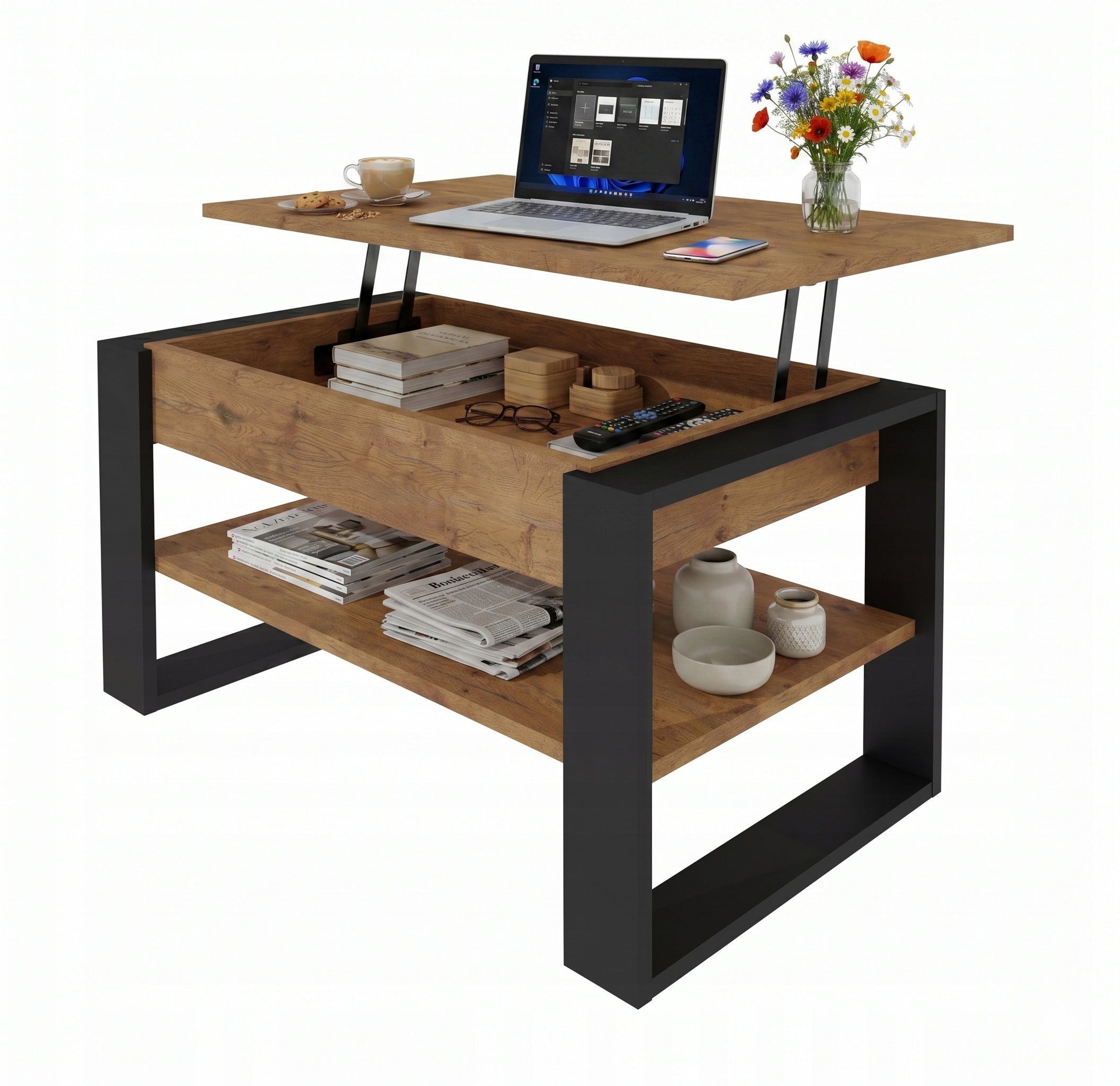 Coffee table bench folding table 92 cm LIFTED + storage Oak Lancelot Packaging status original