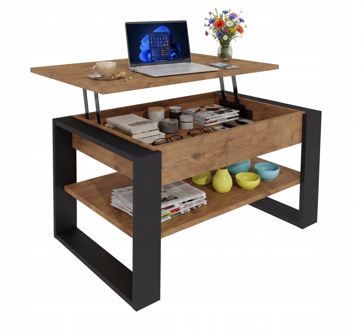 Coffee table bench folding table 92 cm LIFTED + storage Oak Lancelot