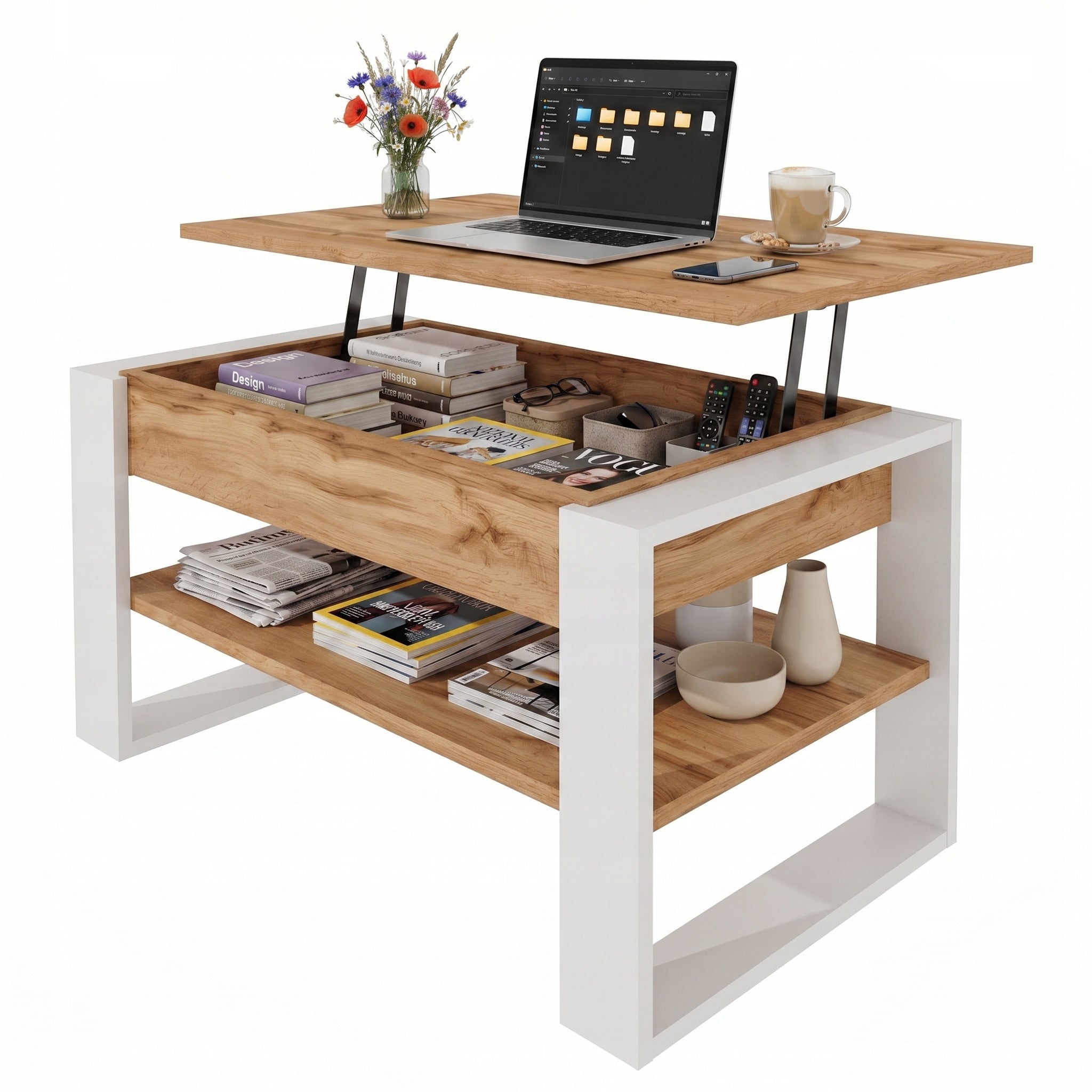 Coffee table bench folding table 92 cm LIFTED + storage Oak Wotan Packaging status original