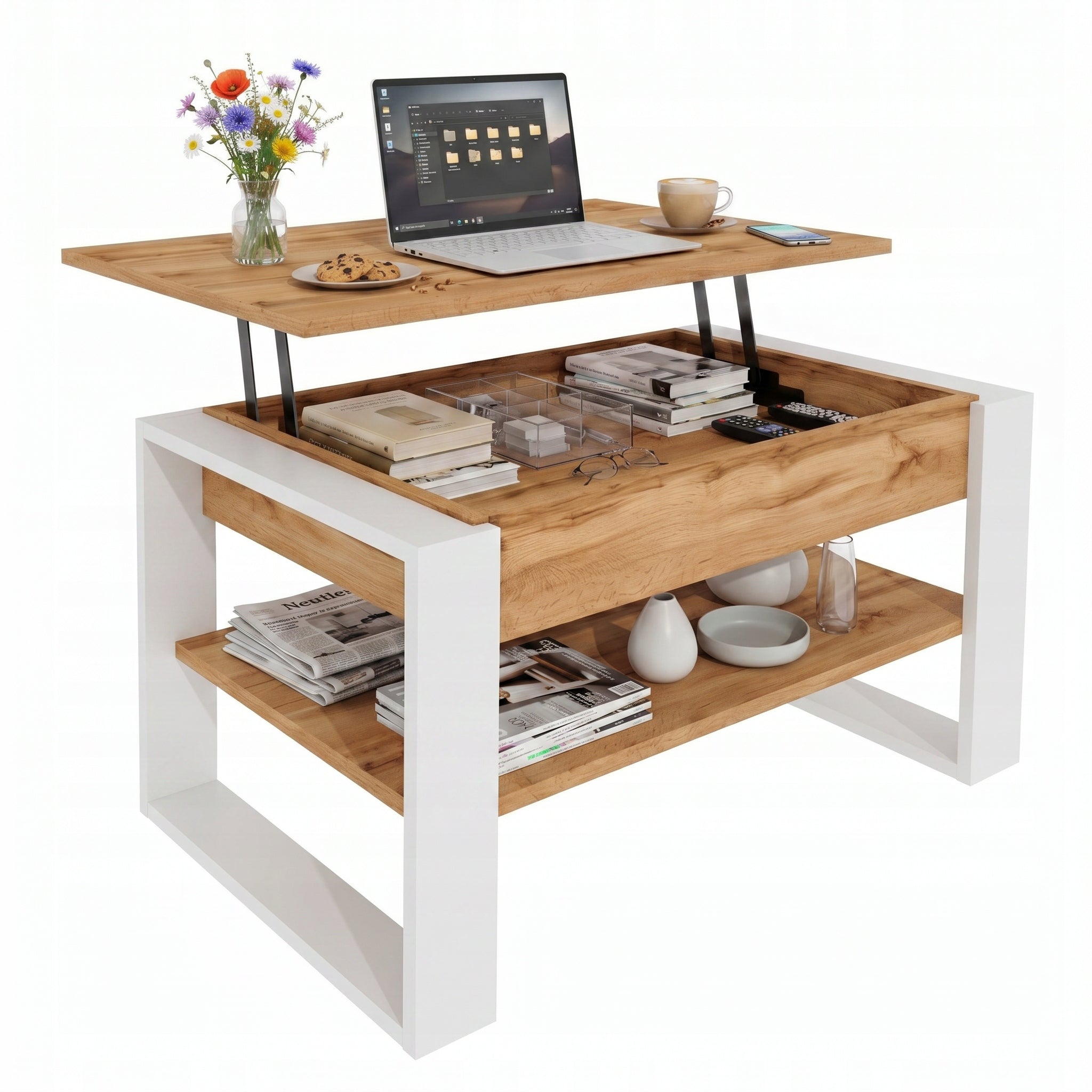 Coffee table bench folding table 92 cm LIFTED + storage Oak Wotan