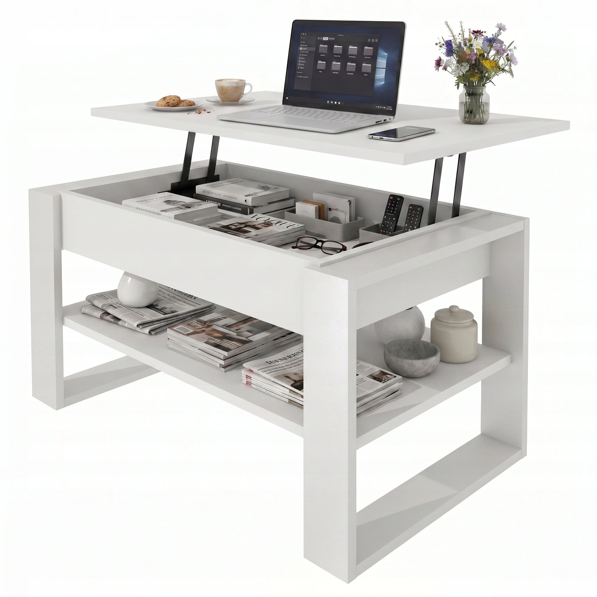 Coffee table bench folding table 92 cm LIFTED + storage white Packaging status original