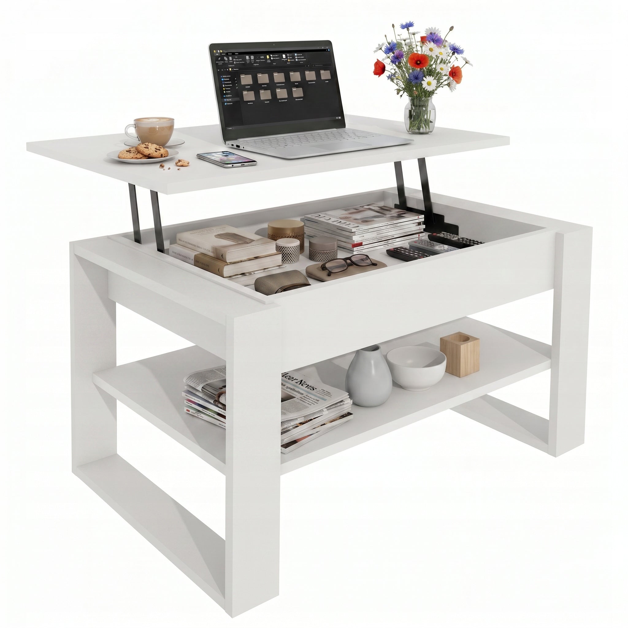 Coffee table bench folding table 92 cm LIFTED + storage white