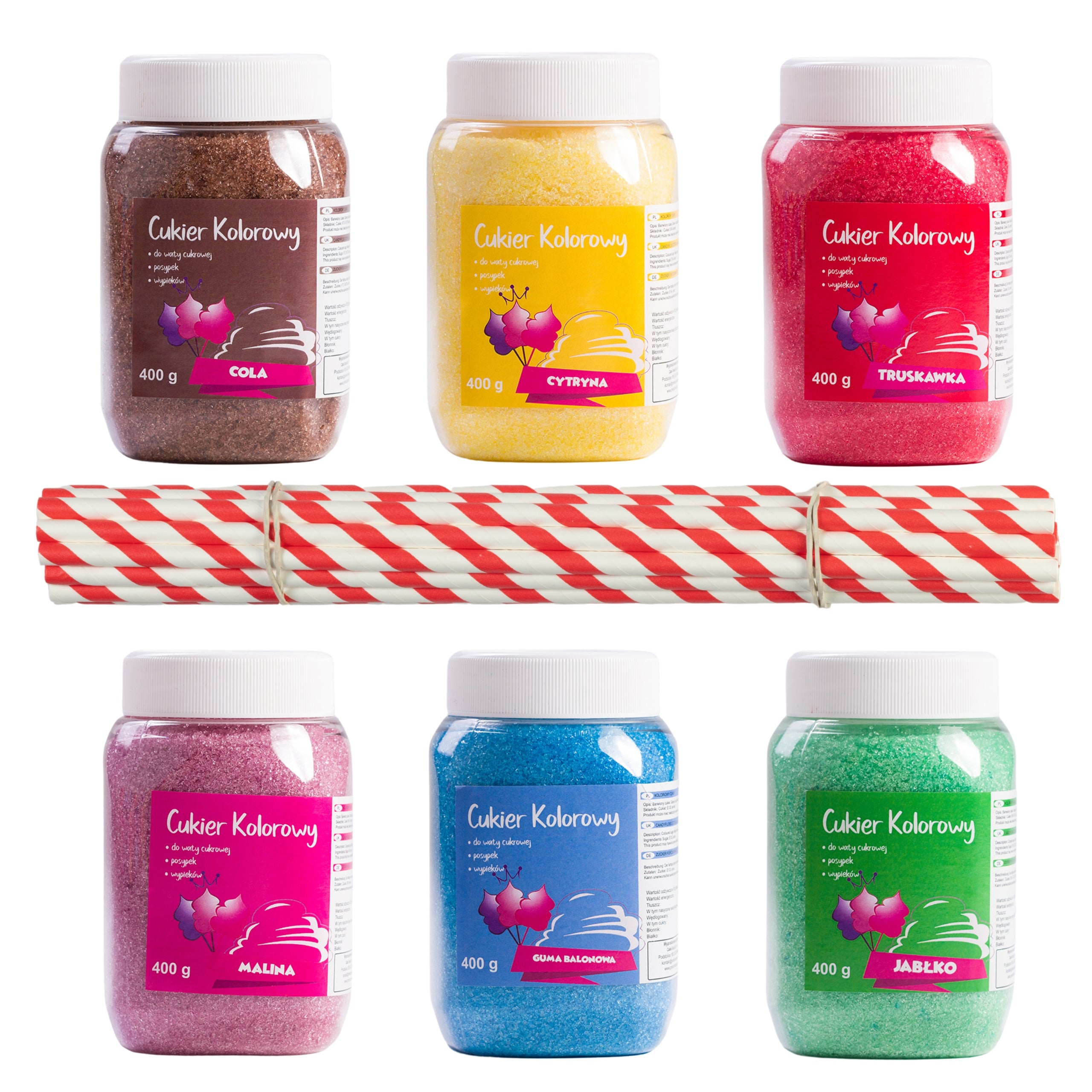 Coloured sugar 6x400g for cotton wool +20 sticks freebie