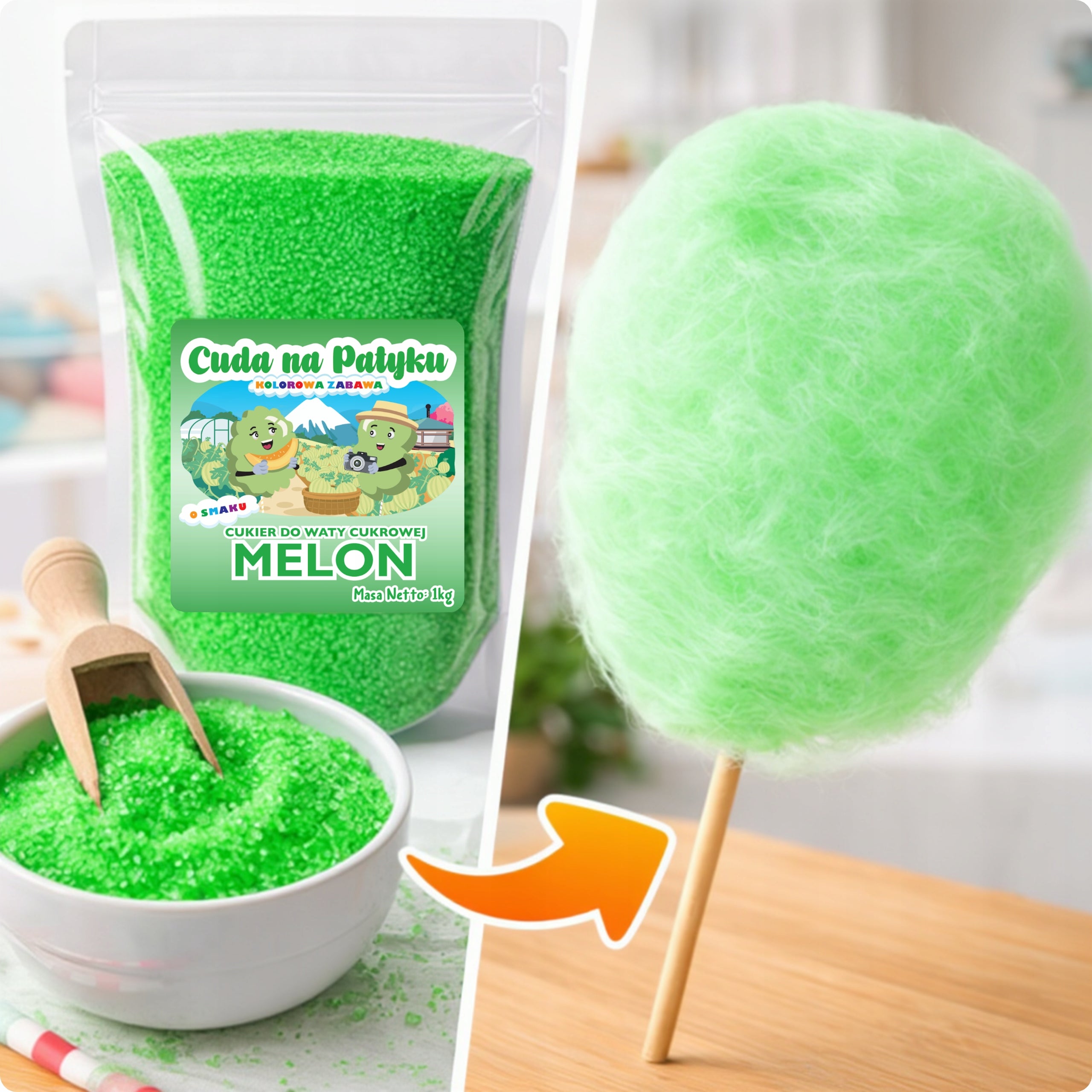 Colourful Cotton Candy Sugar for Flavour Machine Melon Flavour 1 KG Manufacturer code Melon 1 KG Cukier DoyPack S