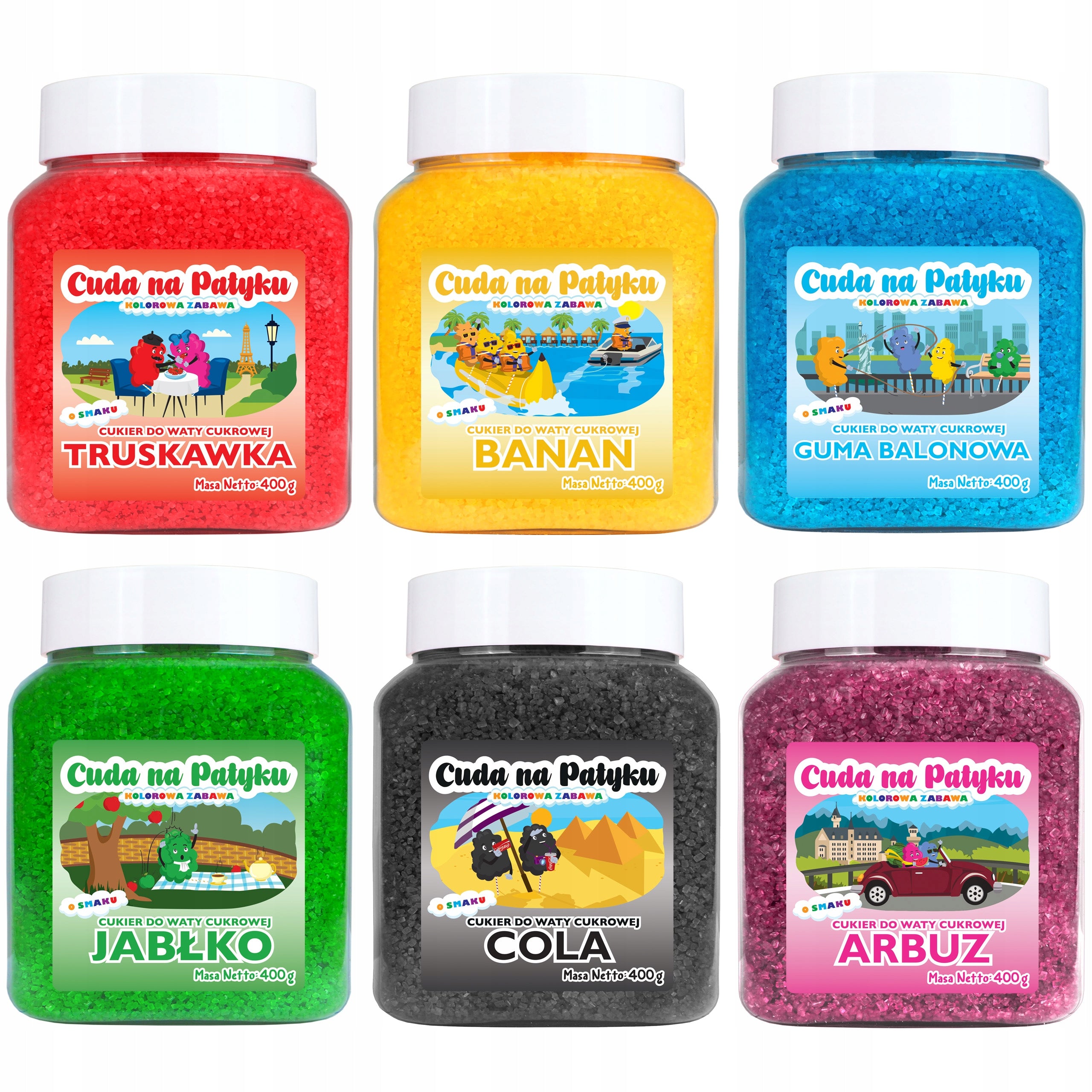 Colourful sugar for cotton candy flavored 6x400 g rough sticks 20 pcs Packaging status original