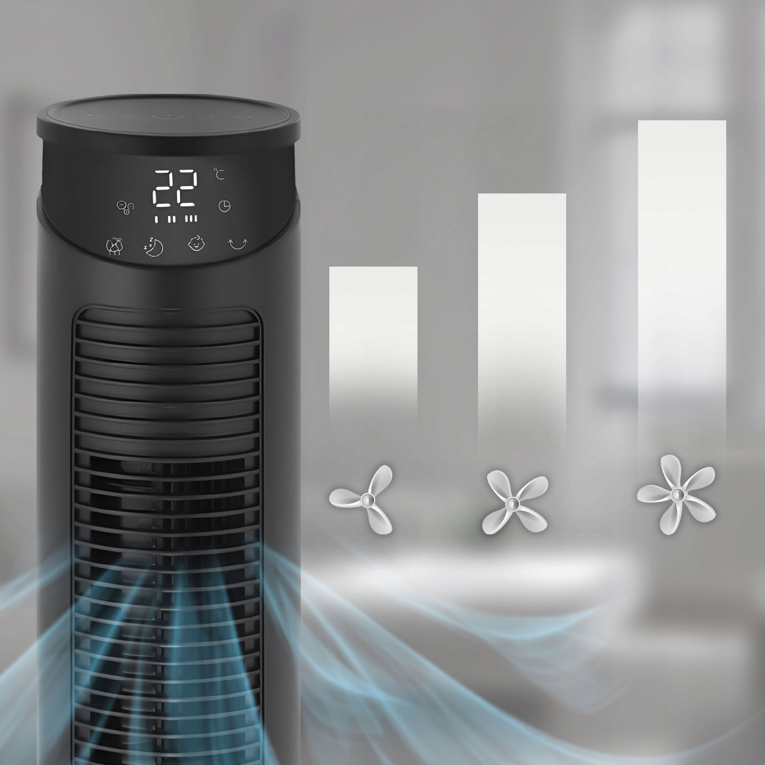 Column fan silent fan EBERG FYN JONY +AROMA +WiFi +10m XXL LED Model Wentylator stojący EBERG FYN mocny duży zasięg LED