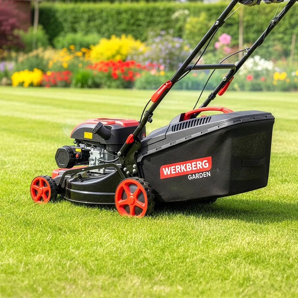 Combustion mower with Drive 149CC 41cm Mulching Adjustment WERKBERG 50L Mowing width 41 cm