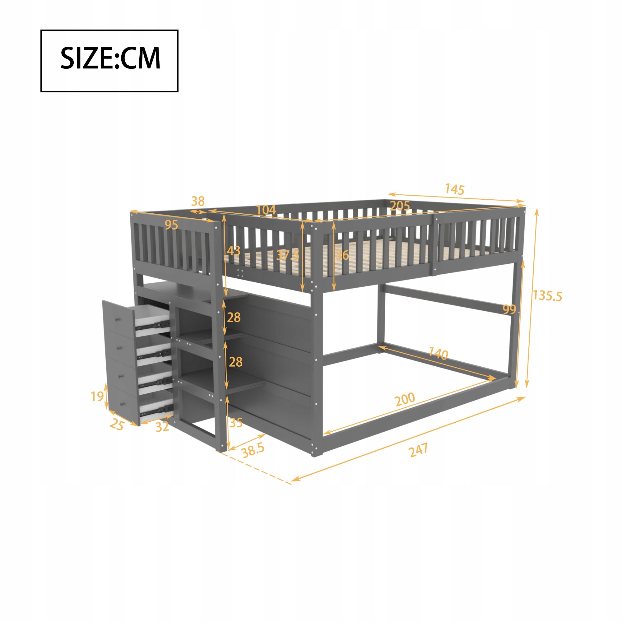 Comfortable Low Bunk Bed 140x200 cm with Safety Barrier and Storage Space Color other