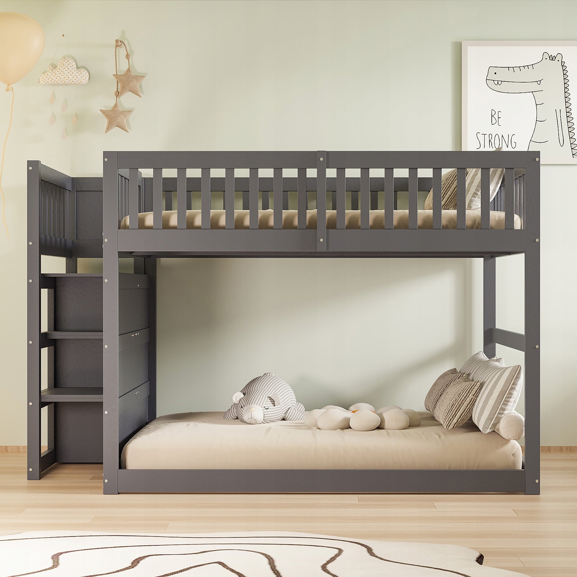 Comfortable Low Bunk Bed 140x200 cm with Safety Barrier and Storage Space