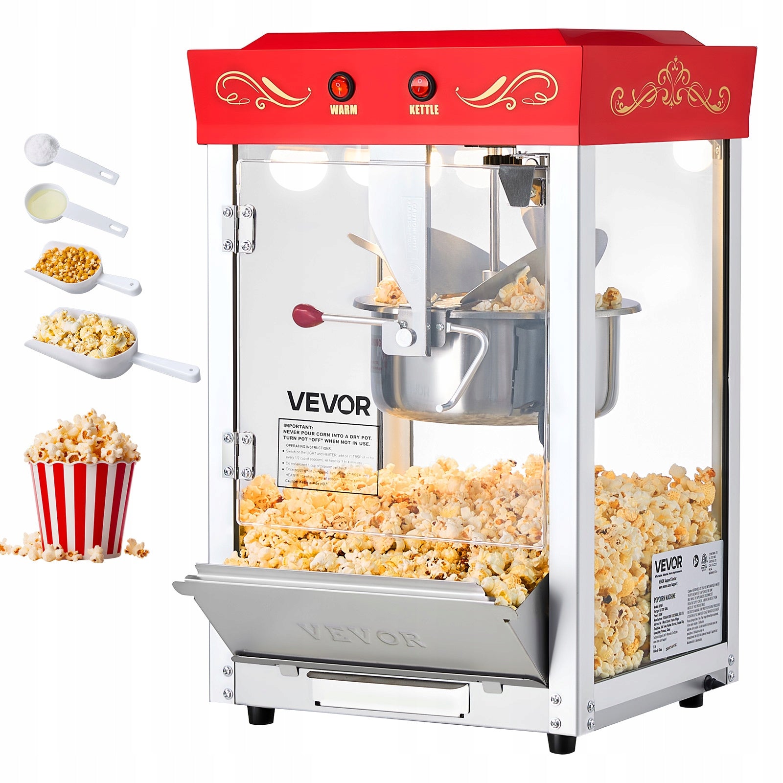 Commercial Popcorn Machine 800W 237ML Red Loading 48 Cups