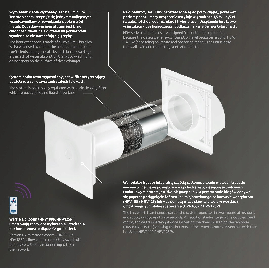 Compact recuperator Awenta HRV100P Kind heat recovery ventilator