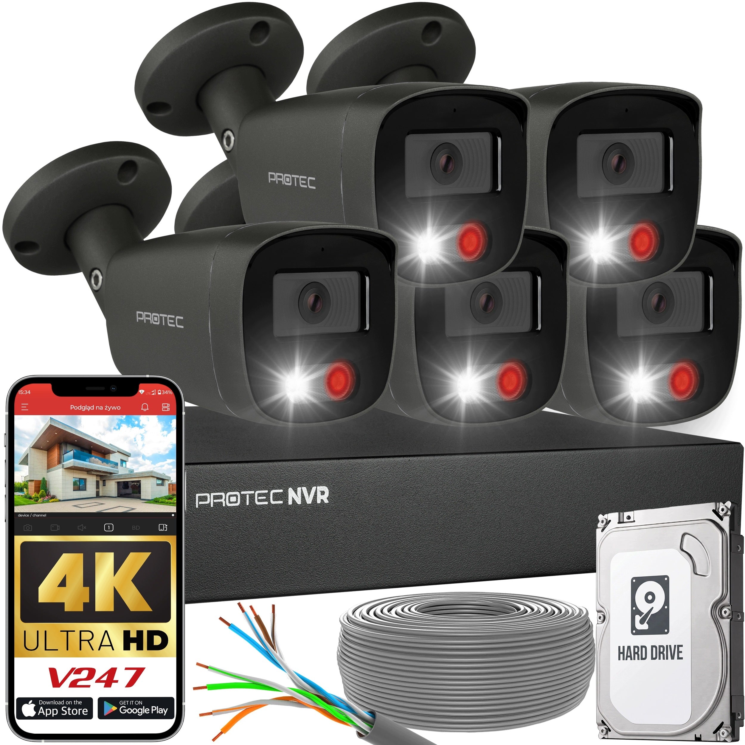Complete surveillance kit 5 cameras 4K IP PoE external audio graphite