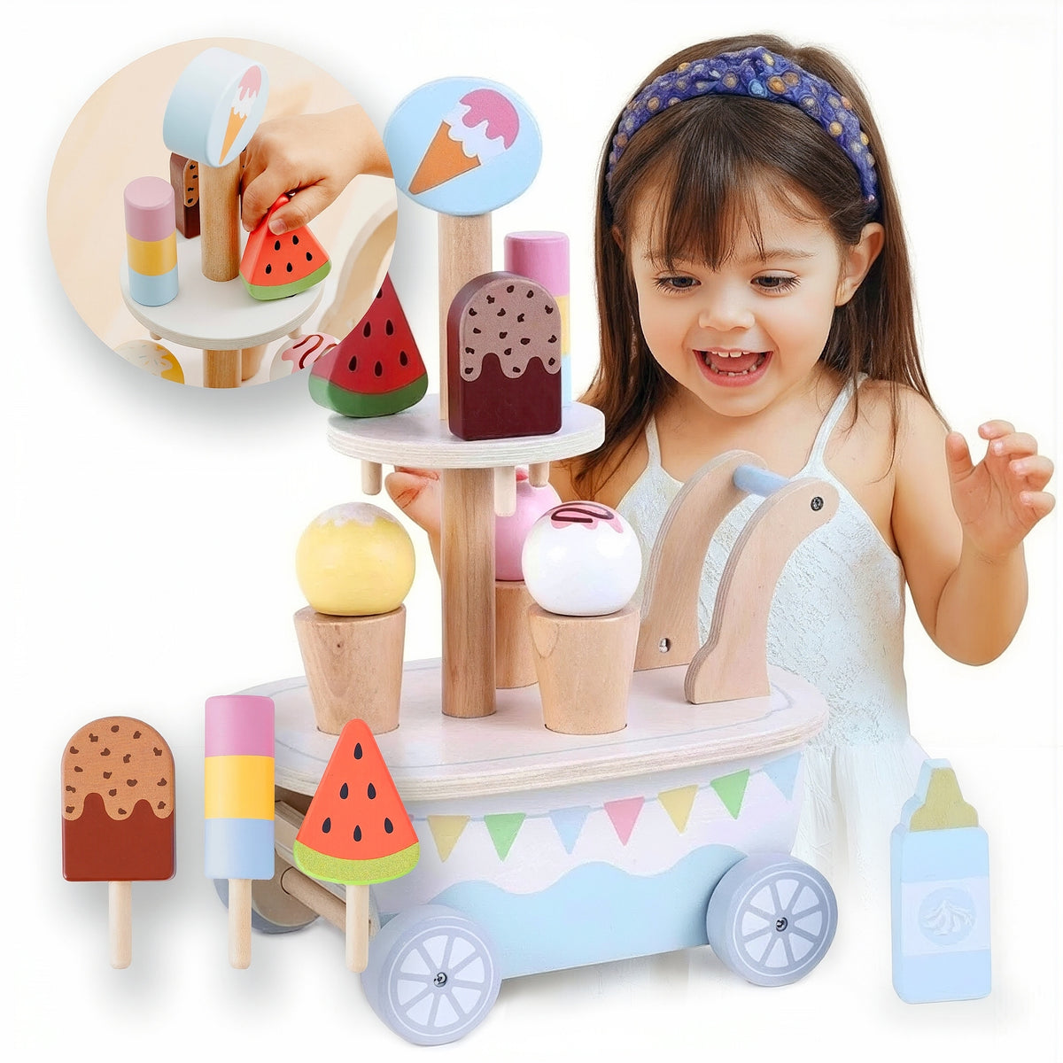 Confectionery Ice Cream Shop Wooden Ice Cream Trolley Set for Kids