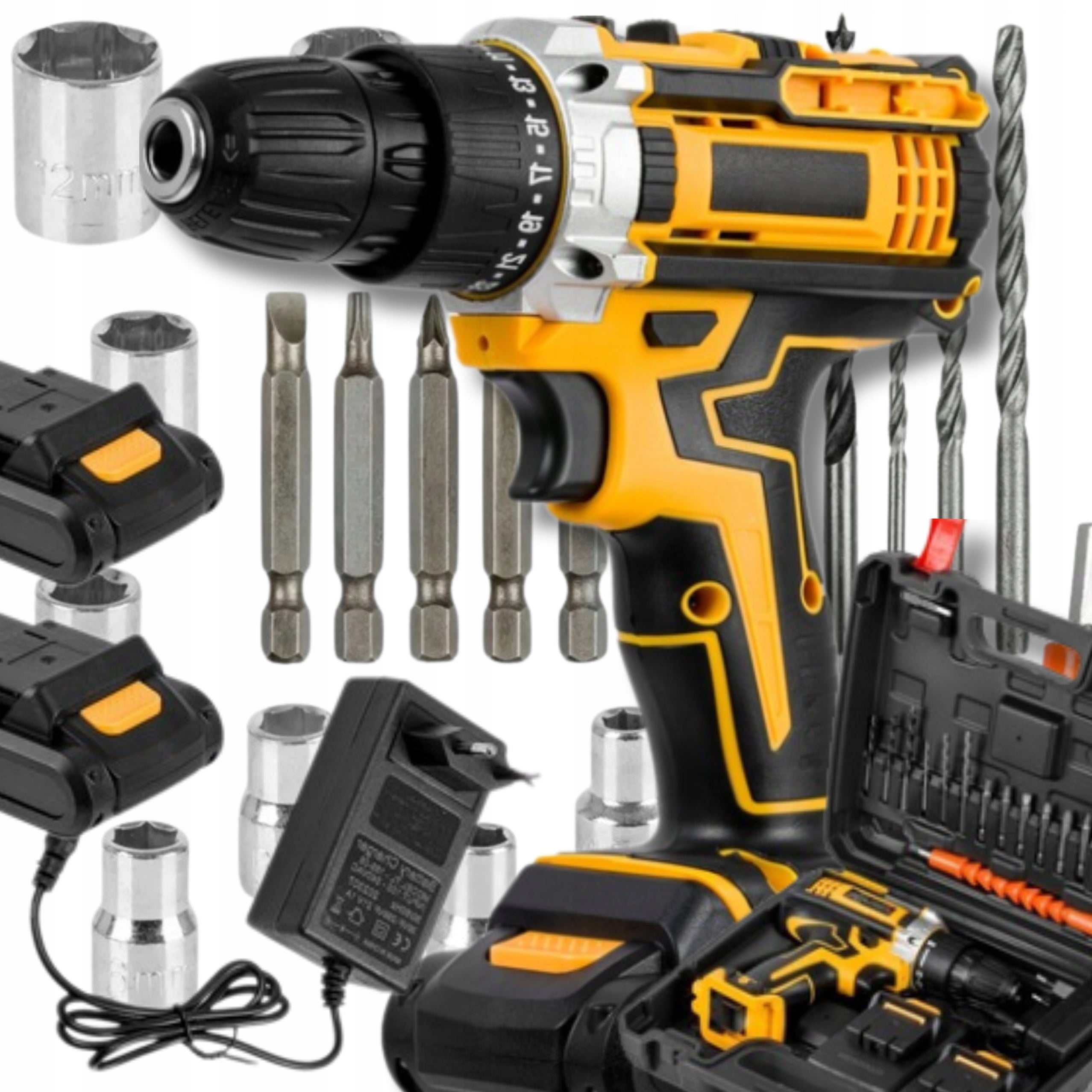 Cordless Drilling Machine 21V Yellow + 2 Batteries 2.0Ah in Suitcase