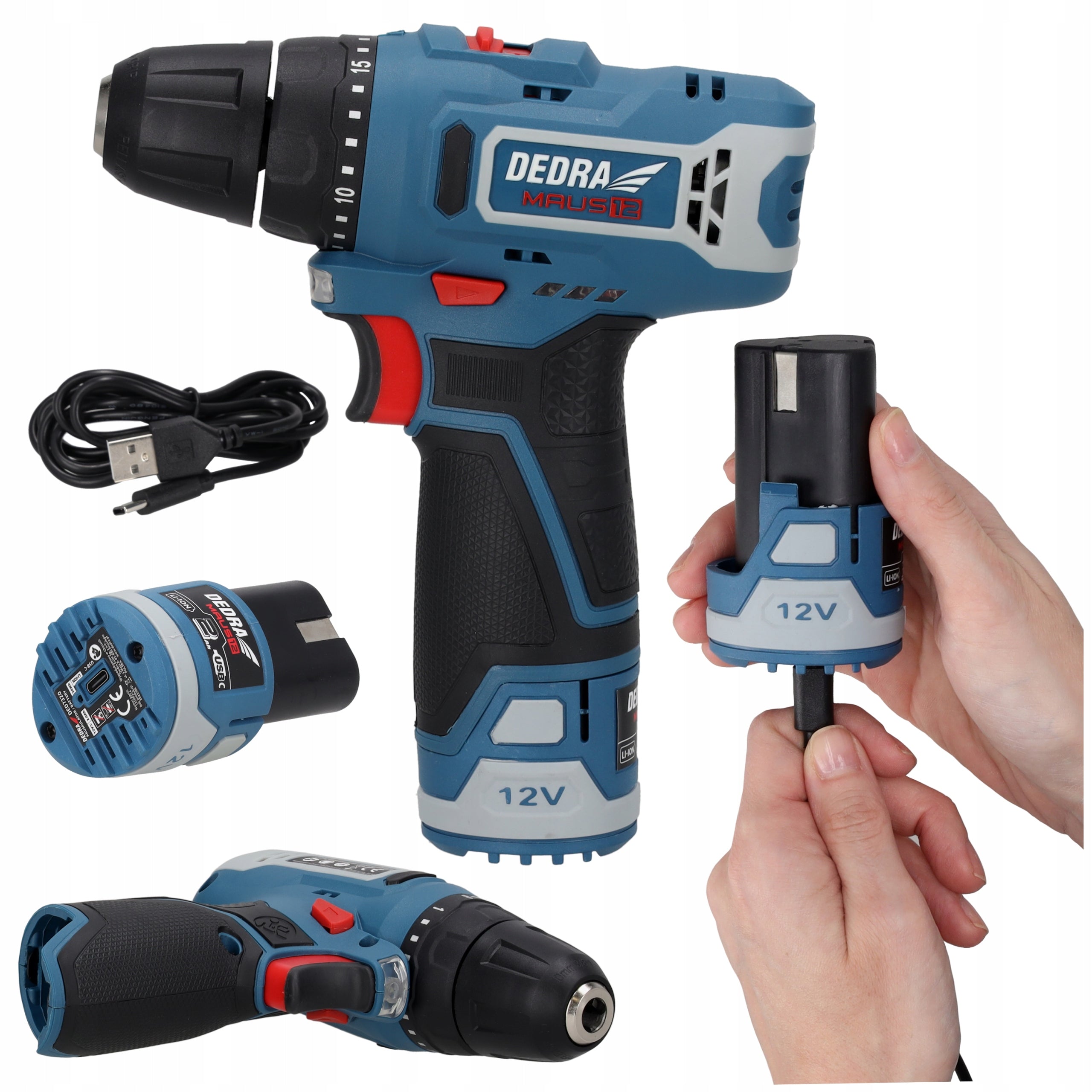 Cordless drill 12V DEDRA MAUS rechargeable battery and USB-C set