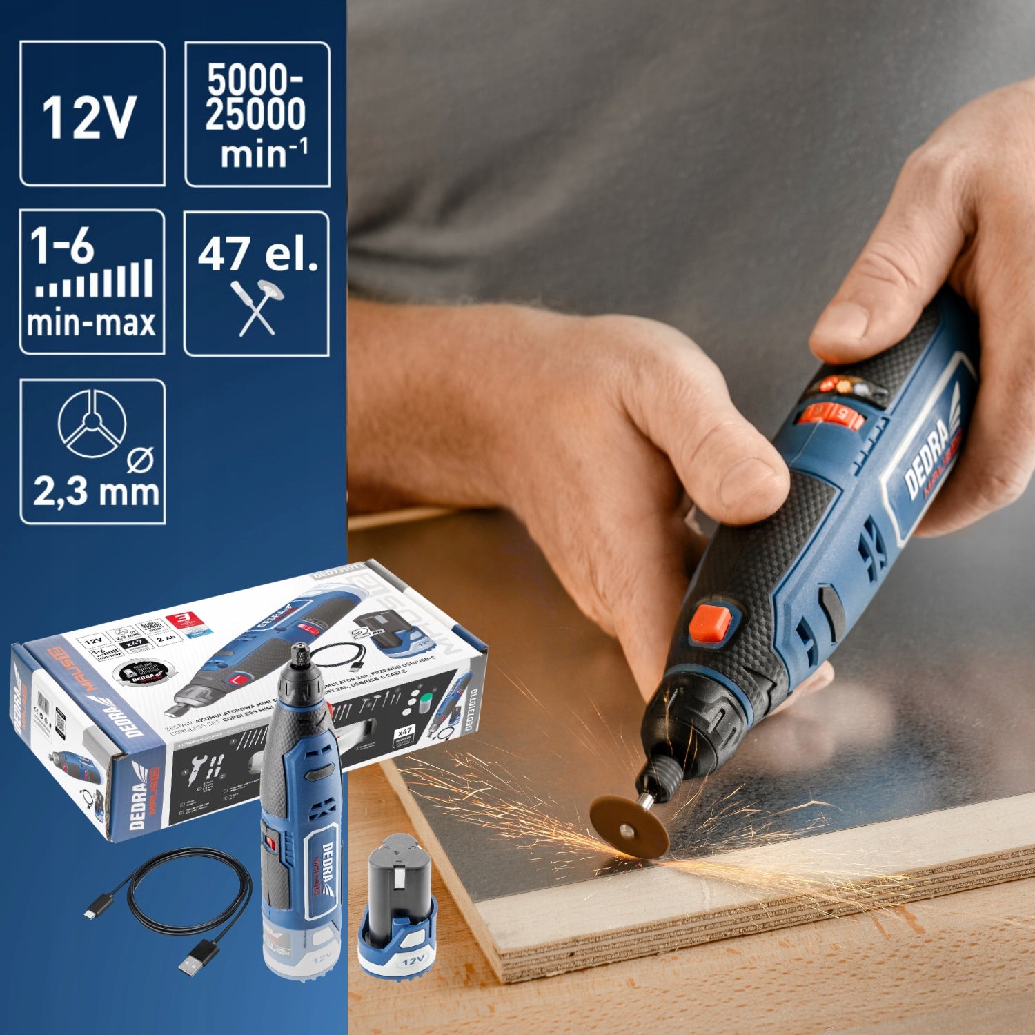 Cordless mini grinder 12V DEDRA MAUS rechargeable battery 2.0 Ah, USB-C set Supply voltage 12 V