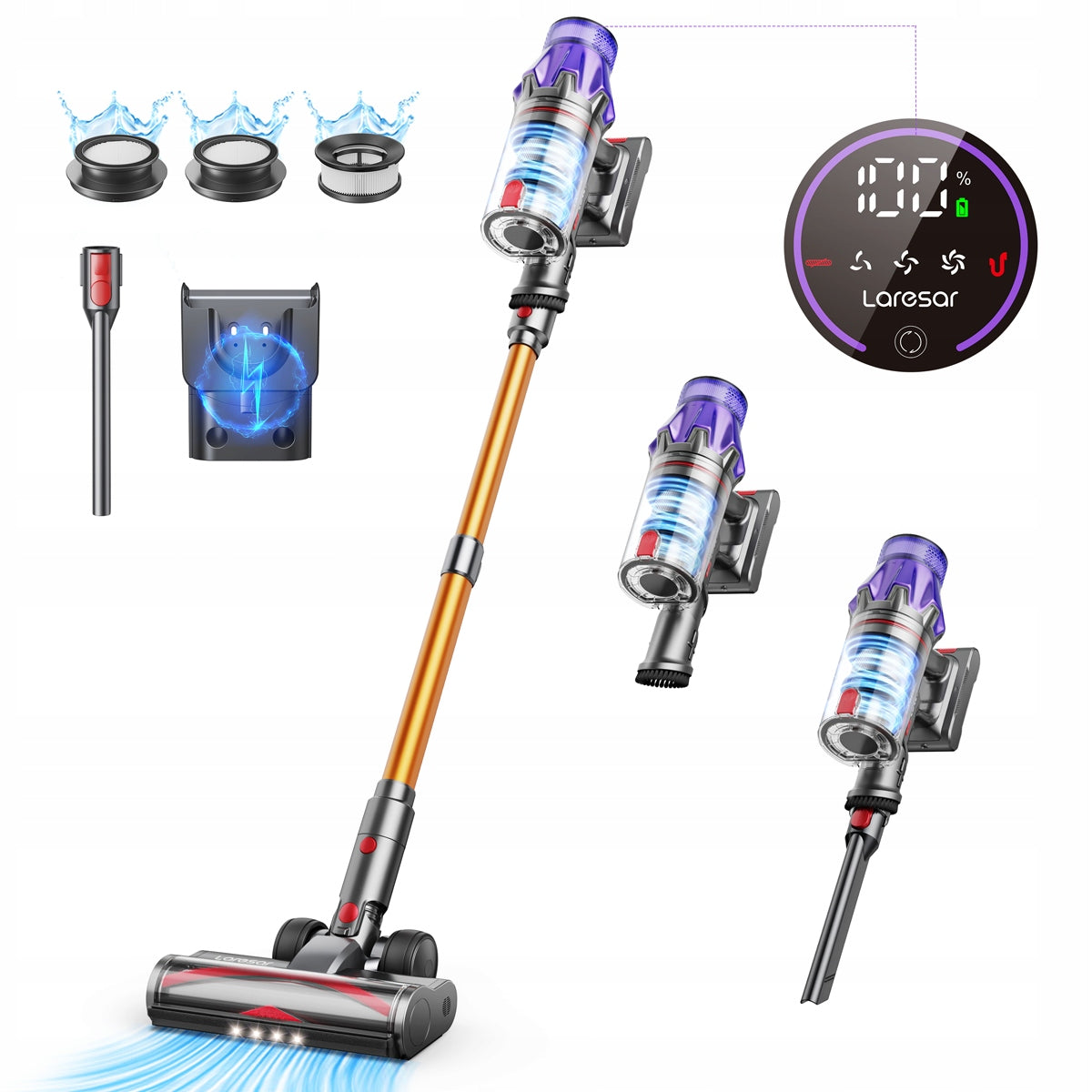 Cordless upright vacuum cleaner Laresar V7 yellow/gold Powerful 500W