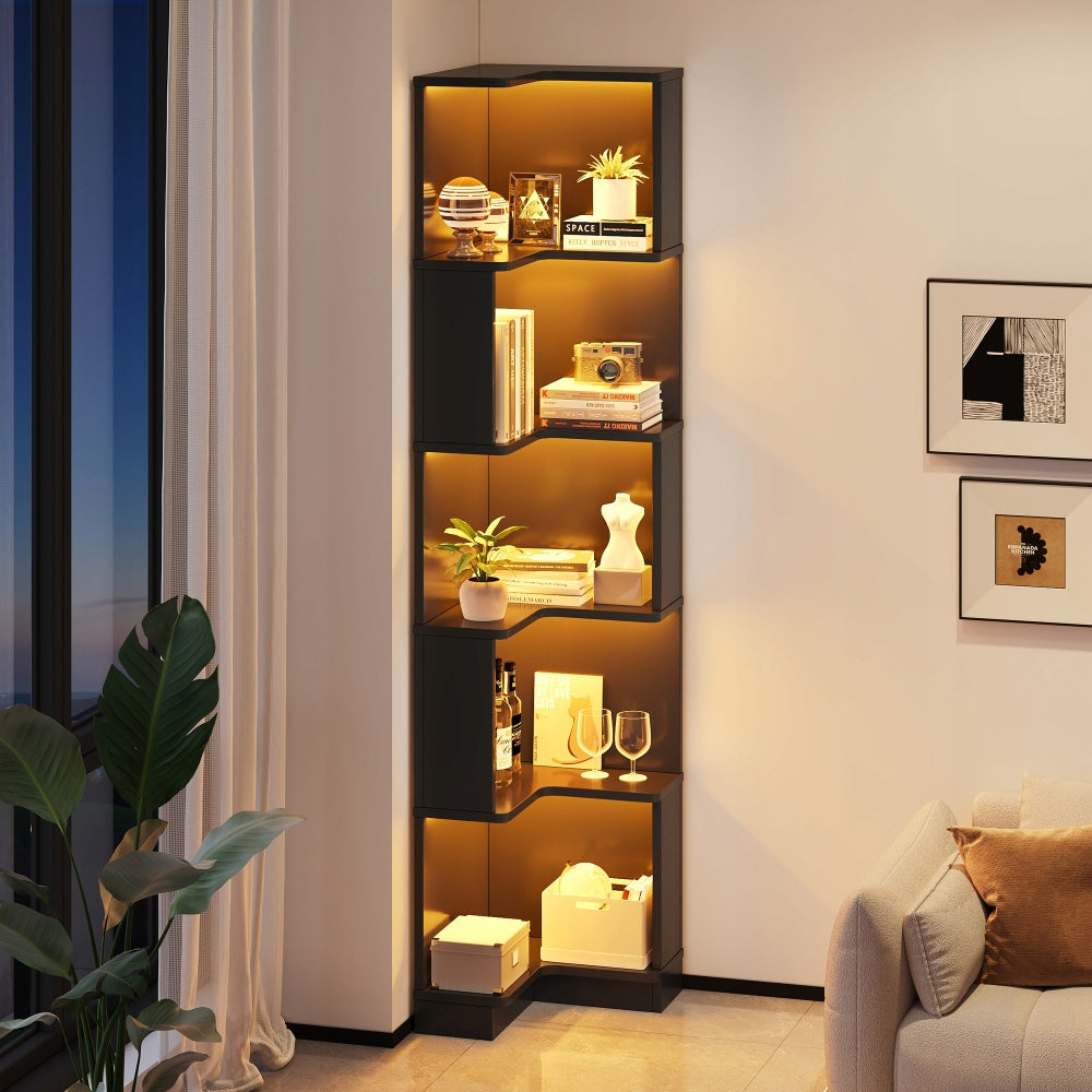 Corner bookcase LED APP 5 shelves black bookcase 63x45x175 cm