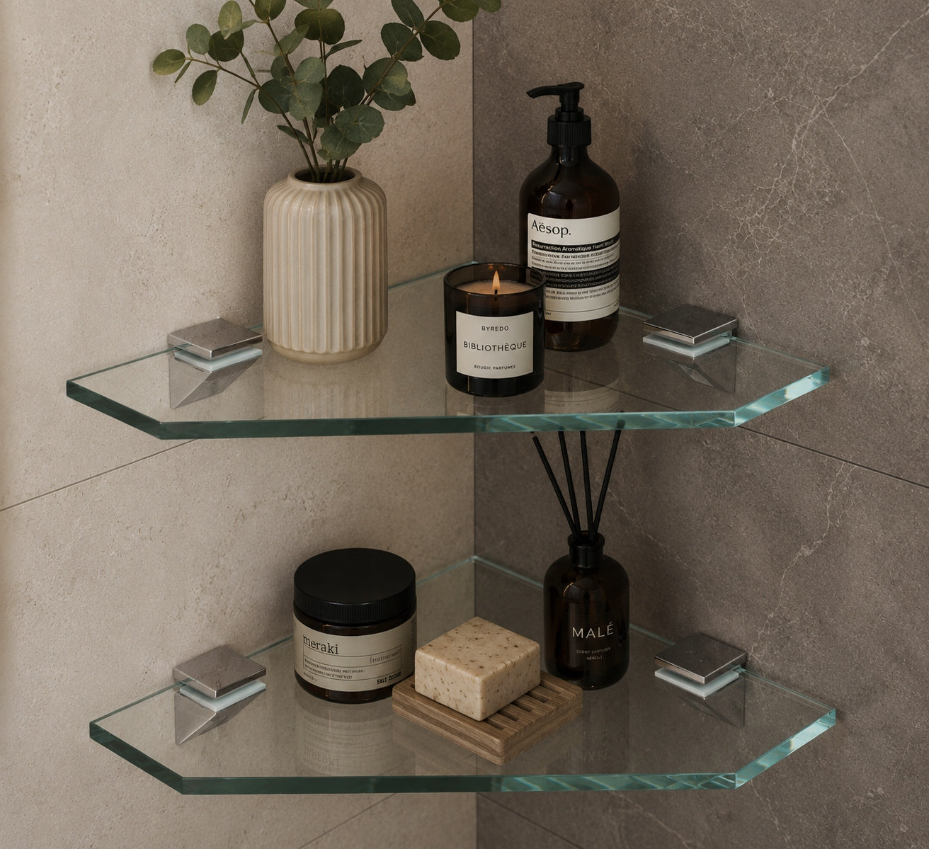 Corner glass shower shelf 25x25 8mm colorless handles chrome matt Brand no brand