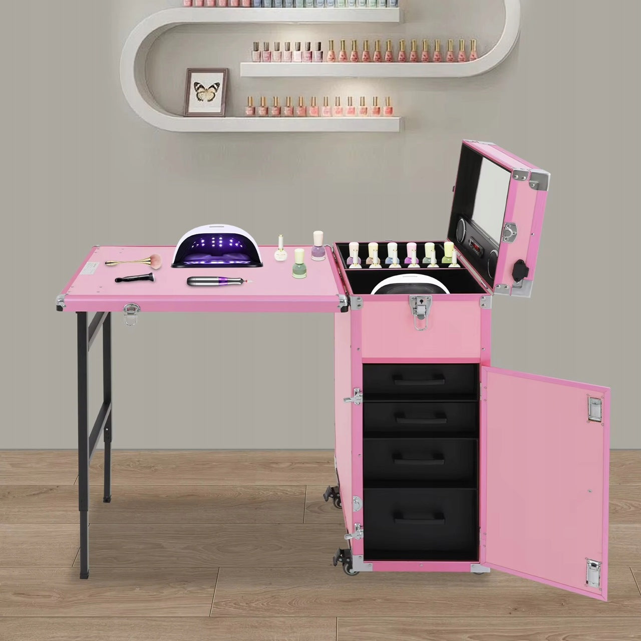 Cosmetic Suitcase With Table Mirror For Manicure Trunk Folding Rose Packaging status original