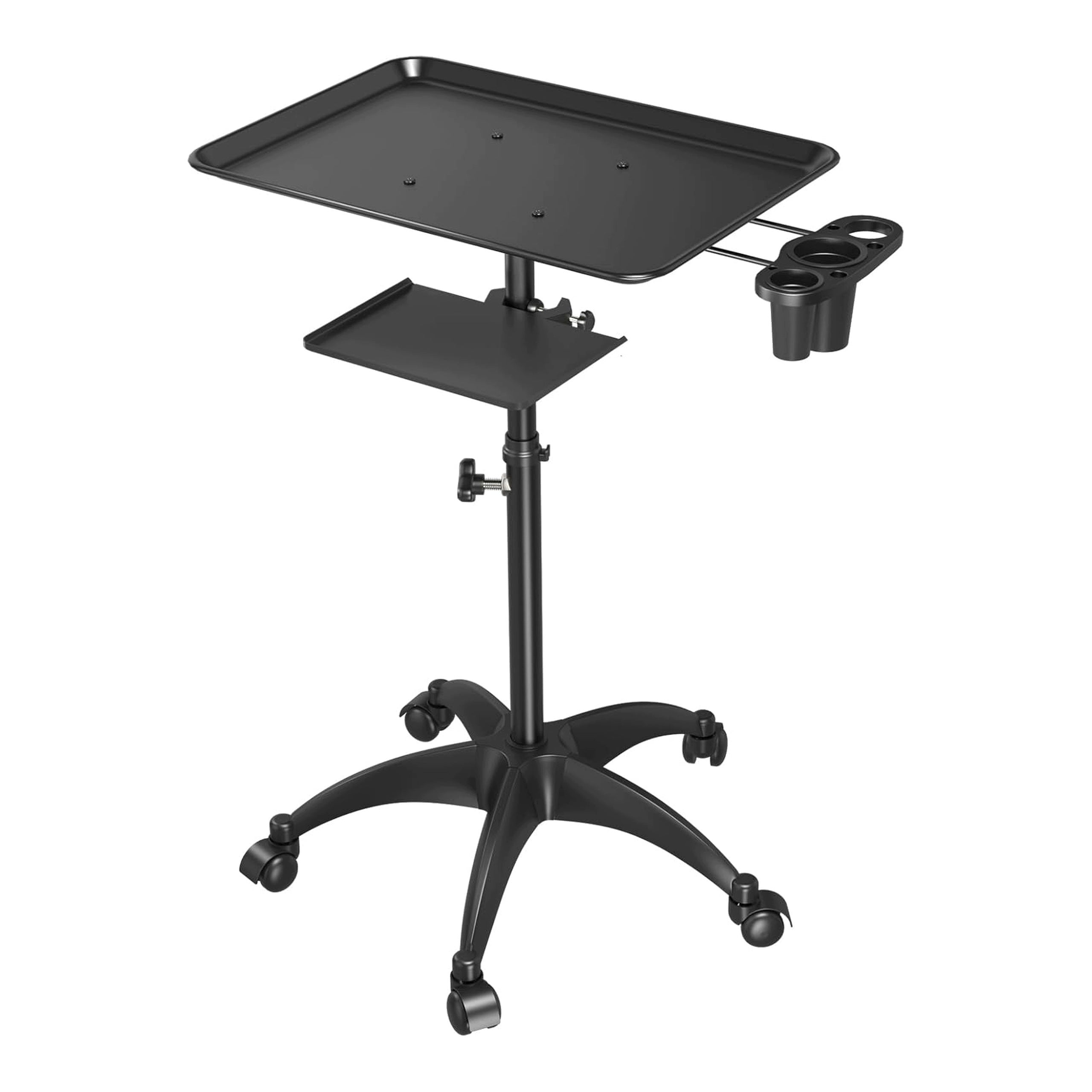 Cosmetic trolley tray aluminum reg. height on wheels platform black
