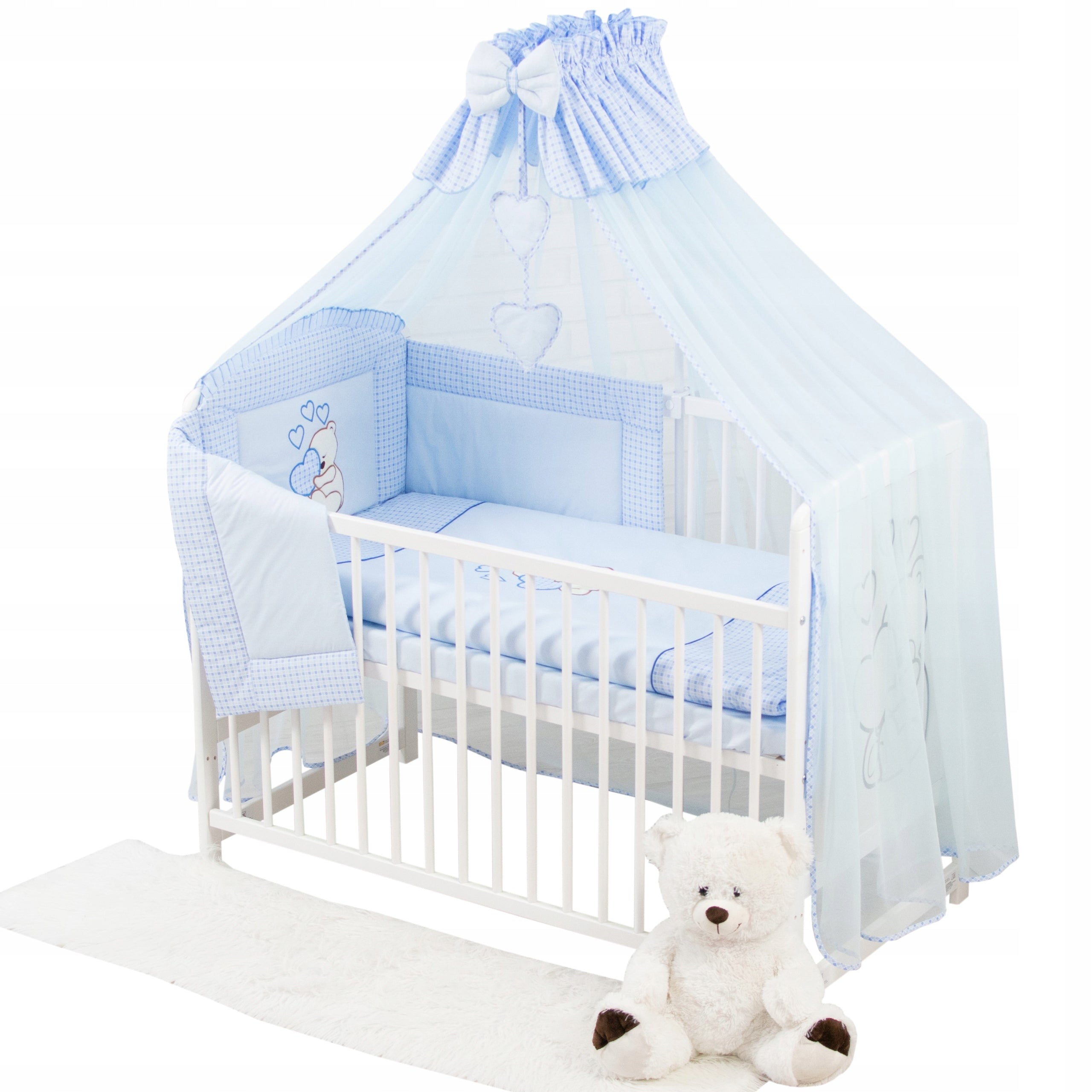 Cot 60x120 with Blue Bedding, Mattress and Canopy 13 pieces