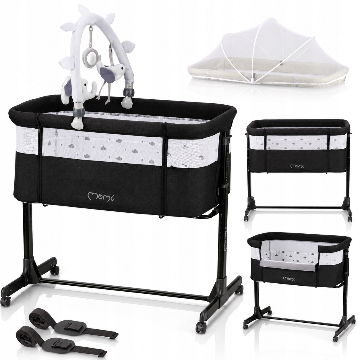 Cot MoMi REVO dark - mattress adjustment toy mosquito net