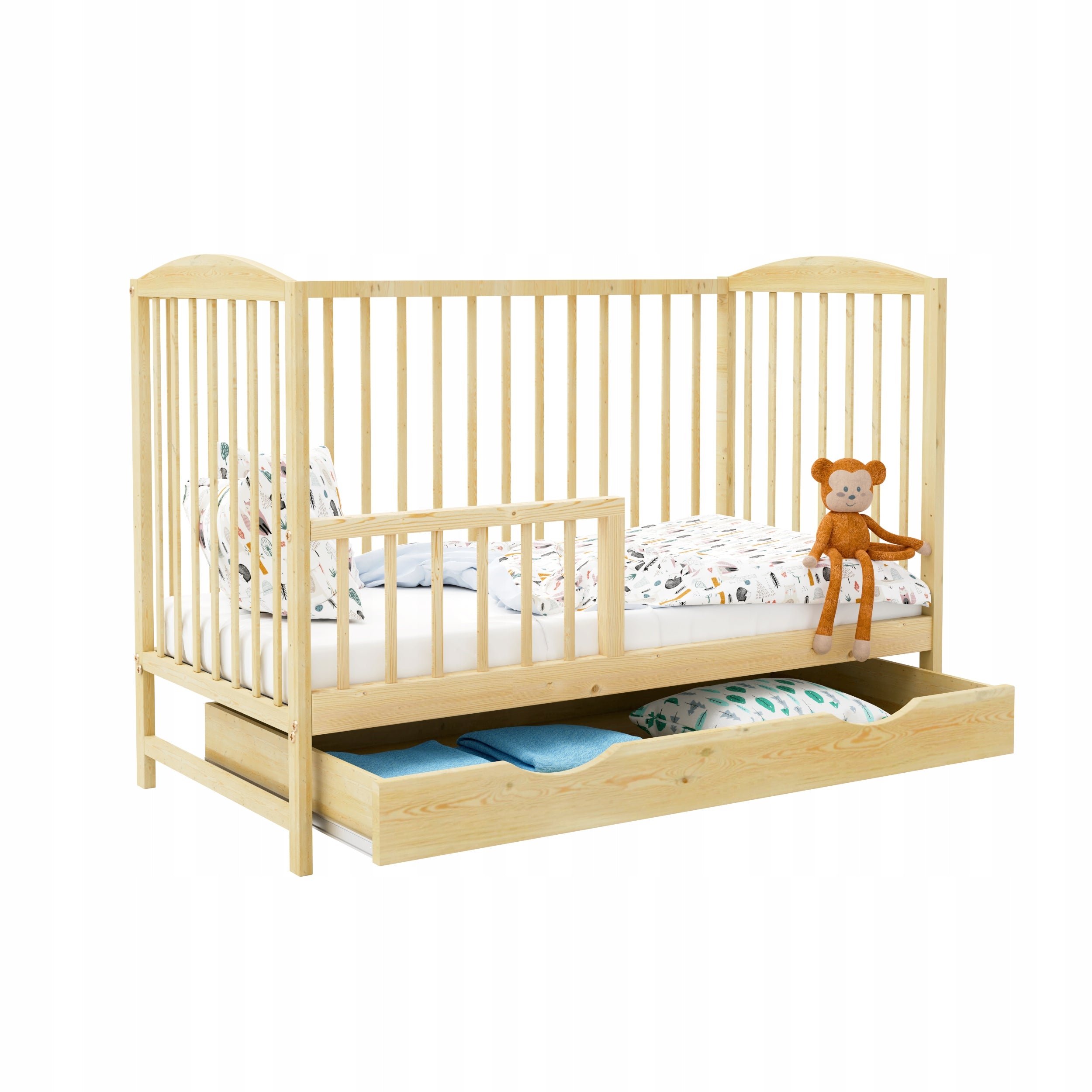 Cot OLA pine drawer couch with railing 120x60 cm