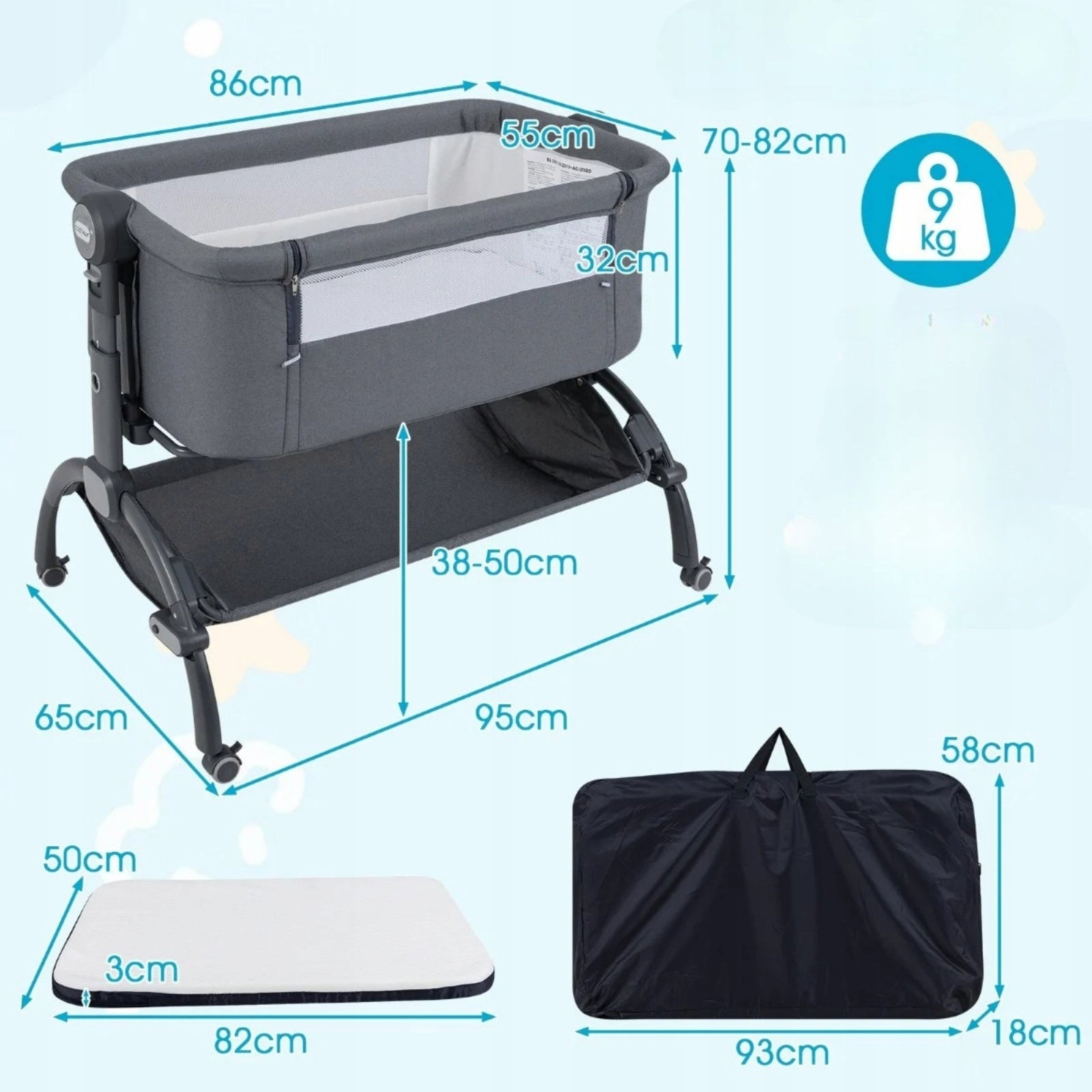 Cot travel bed children's extra bed height adjustable grey Manufacturer code BC10256DE-GR