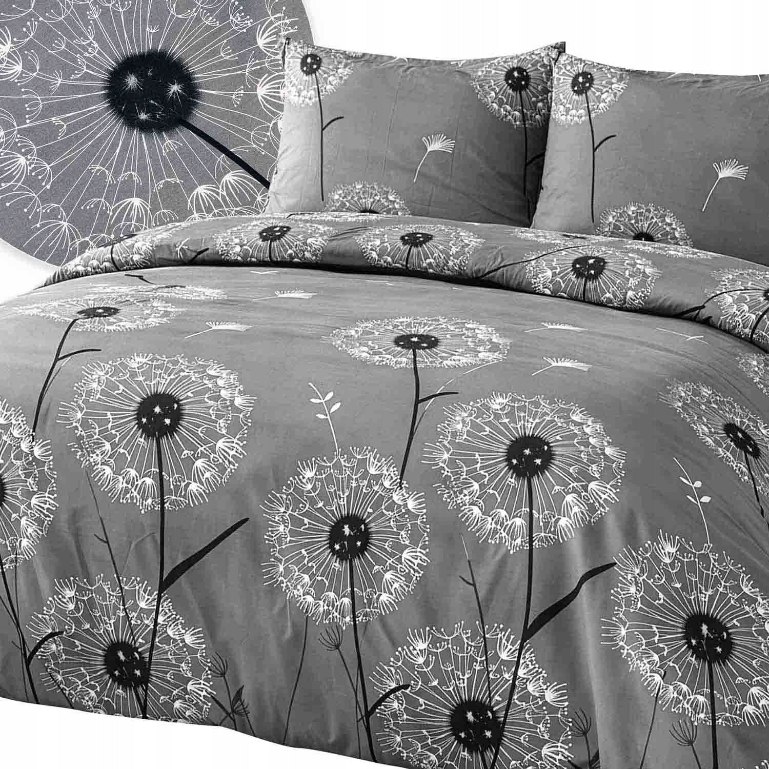 Cotton bedding 160x200 natural 100% cotton dandelions dark grey