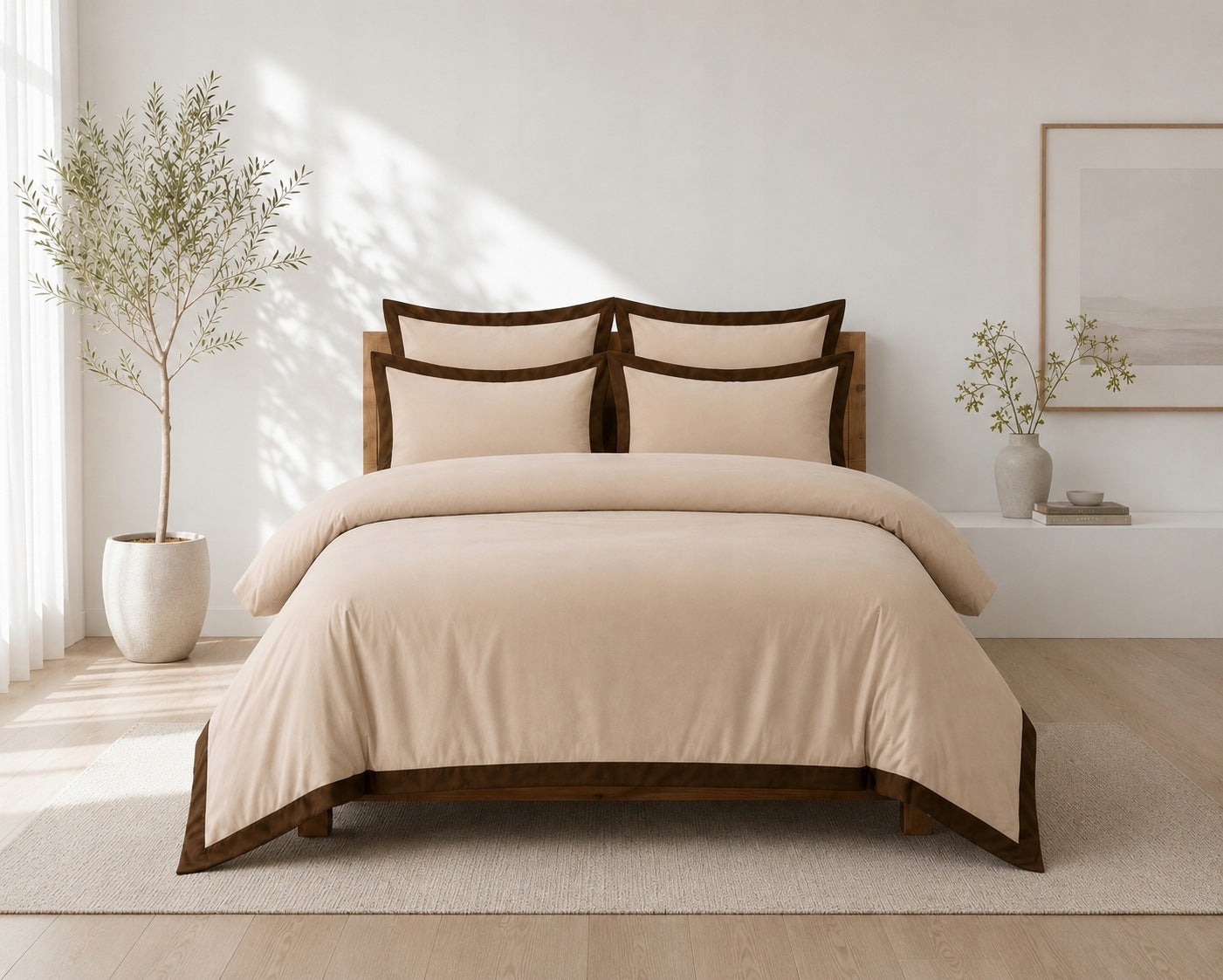 Cotton satin bedding 220x200 beige 2x70x80, brown Premium piping Packaging status original