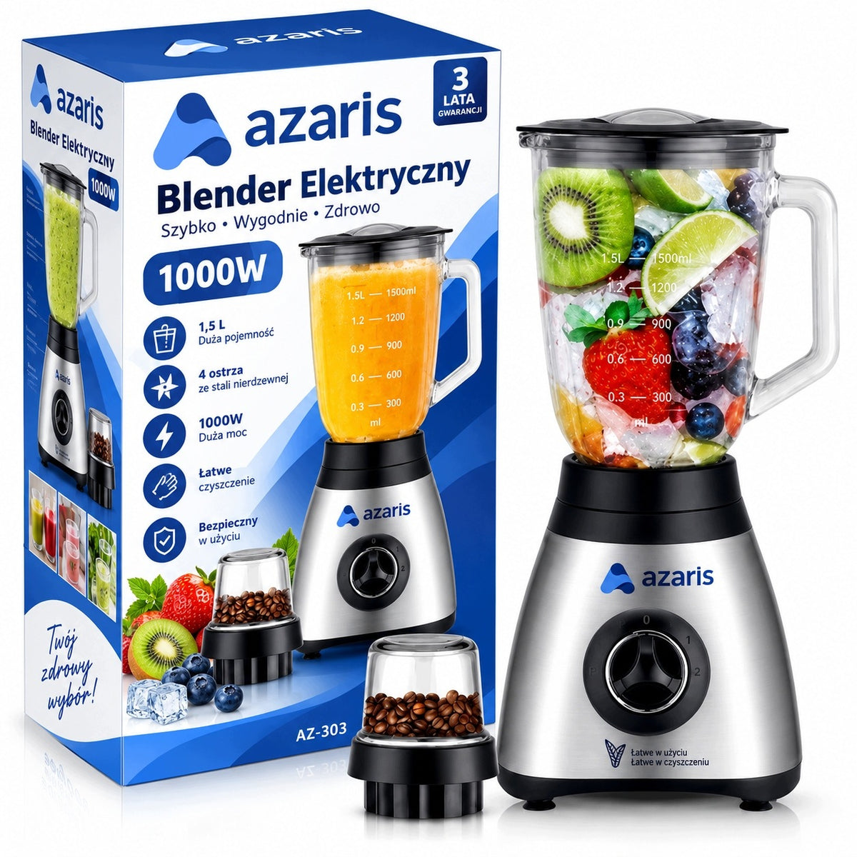 Cup blender RAF 1,5L ice crushing 2in1 mill Azaris REAL 1000W