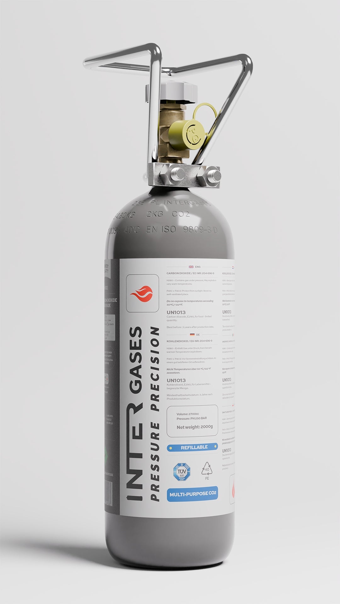 Cylinder CO2 2 kg Intergases filled, E290 food grade, W21,8, for aquarium