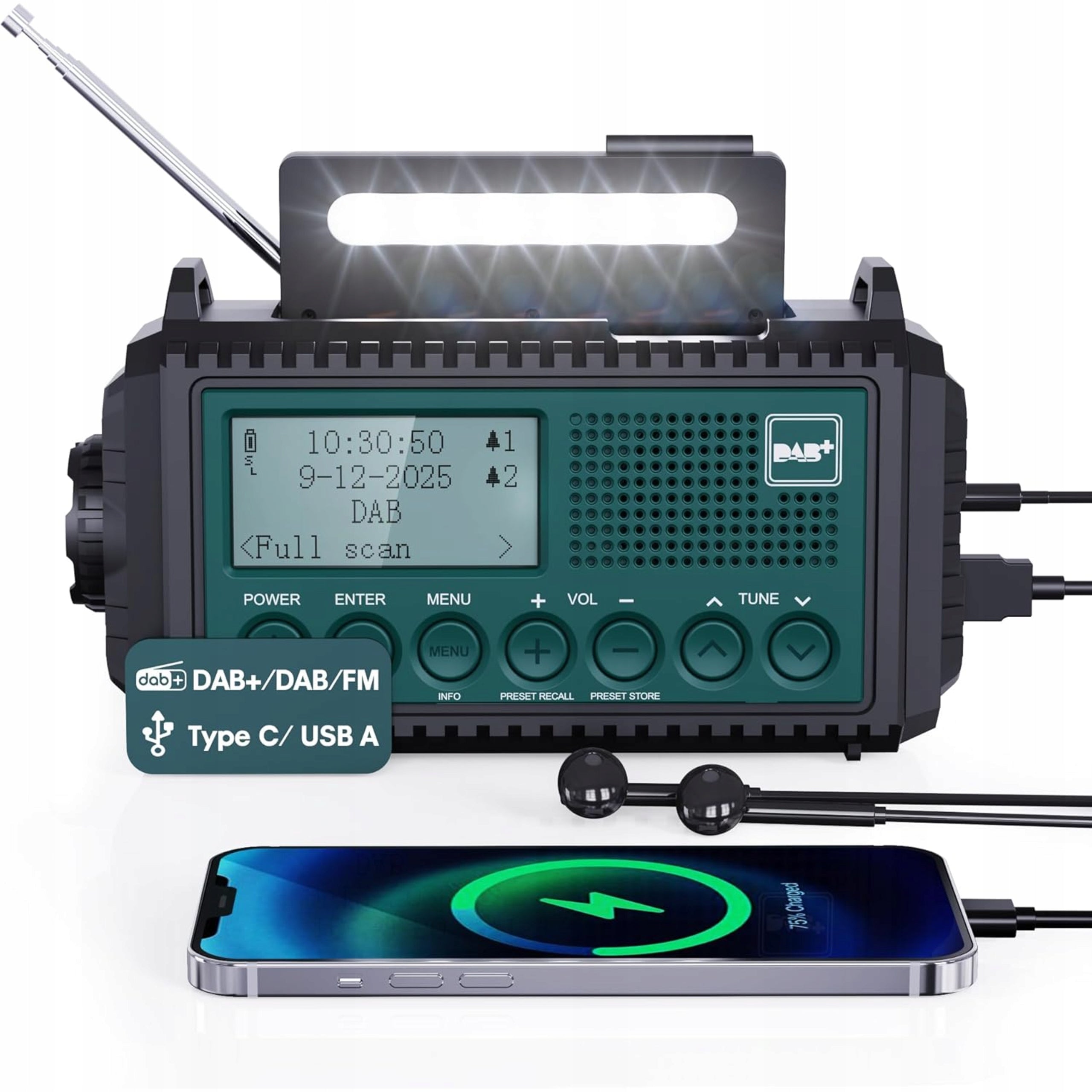 DAB Plus FM 5000 mAh Portable Radio for Camping Crank with SOS Flashlight