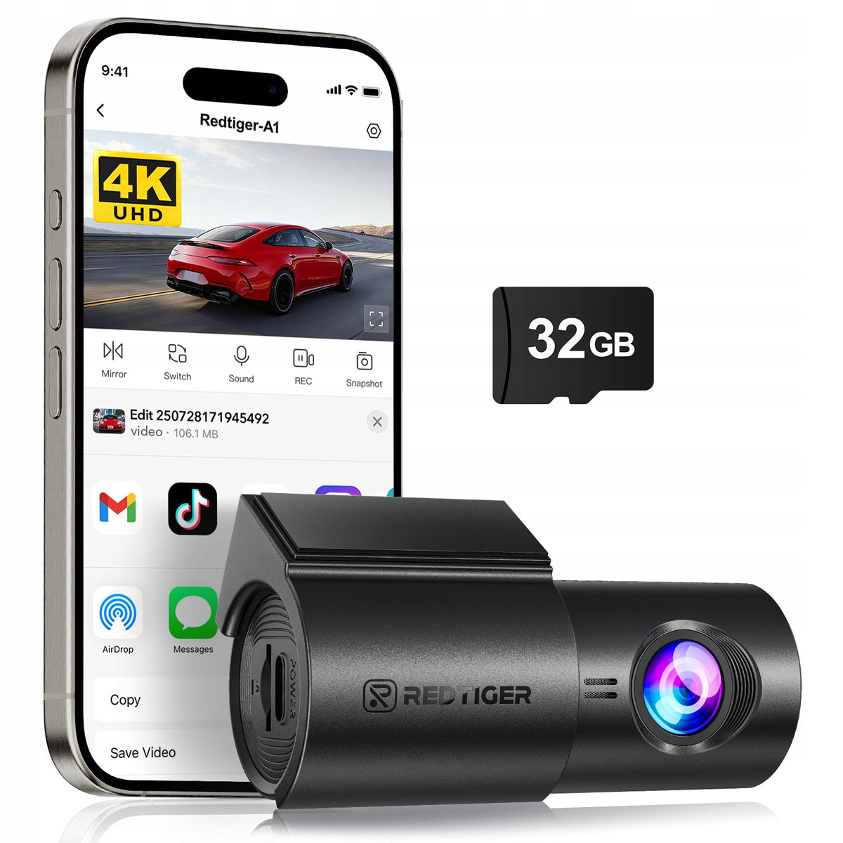 DASH CAM 4K Front Redtiger A1, Loop, G-Sensor, 24H Parking, 32GB